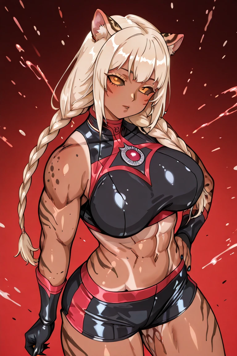 Jasper,long white hair,orange skin,red tattoos,yellow eyes,muscular,gem as a nose,
Standing,smile,crazy eyes,looking at viewer,evil smile,
biceps,swoll,large breasts,cleavage, arms up, 
red and black bodysuit with diamond insignia,bare shoulders,
beach,nighttime,stars,
(insanely detailed, masterpiece, best quality),<lora:Jasper-10SSv9:0.8>,