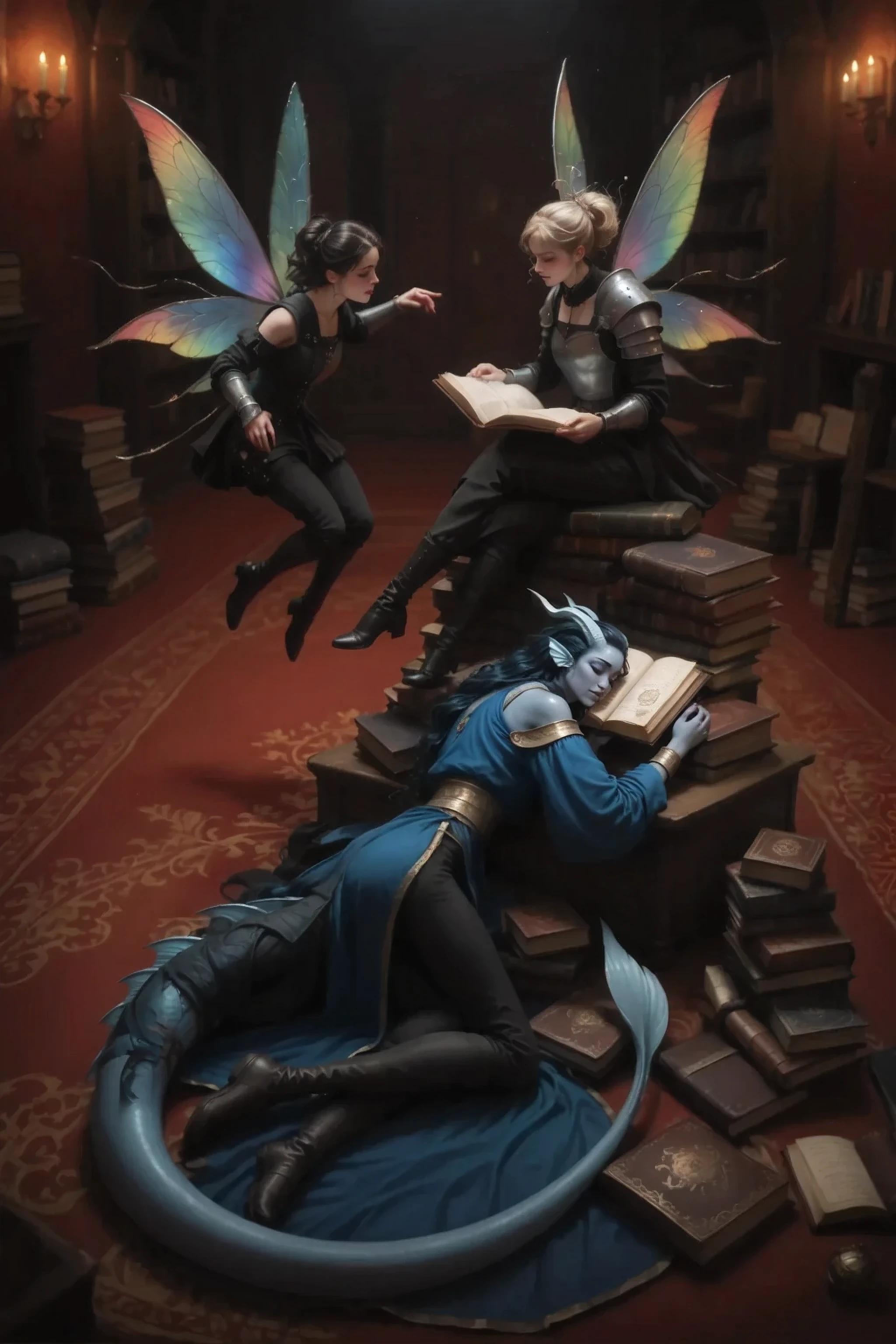 Vertical view from above of Kedra tail, fins on the head, horns on the head, sleeps, with closed eyes, sleeps на книгах. Lots of old magical ancient books. Against the background is an old magic library in warm light. Thin cheeks, skinny kind face, в средневековой синей одежде и чёрными средневековыми штанами с хвостом похожим на драконий сзади лежит sleeps с книгой на лице среди древних старинных книг. And next to each other in the air are 2 medium-sized women fairies with bright transparent and colored wings behind her, and one is sitting on a stack of books reading openly book on top of the stack old magic books.
Heavily blurred background. Night. warm room light. soft long shadows. A room in red tones with gold patterns with lots of old magic books. In the foreground, a very large fairy looks at the viewer.
masterpiece, best quality, Ultra-detailed, Cinematic emotional static frame, 8K UHD, is extremely detailed, physical visualization, HDR.
Unrealistic image, fantasy genre, dramatic lighting. Highly detailed digital art style, (sfw:1.3).
