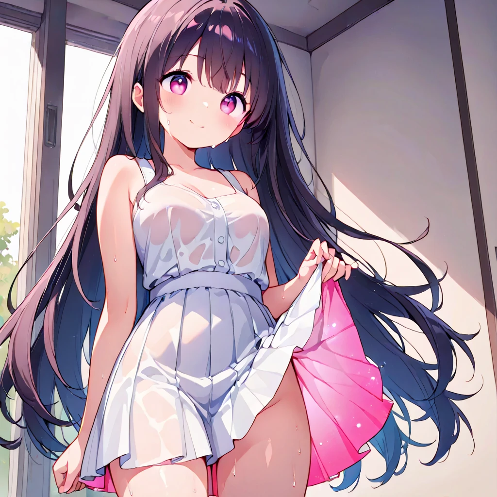 (Rear insertion position, ), Black Hair, Long Hair, Cute Hips, lure, ,(Printed T-shirt、Long skirt、Striped Lingerie、White garter stockings), (With your back against the wall), legs apart、nsfw、BREAK Perfect Anatomy、Highest quality、(cute:1.1)、(cute)、(High resolution:1.2)、Unbelievably absurd:1.3、Incredible illustrations、(cuteイラスト:1.2)、Beautiful background、(1 girl) 、solo)、(10th Generation、JK、Loli face、Small breasts:1.2)、slender、、(skirt lift,upskirt,from behind),、(tooth:0.6)、、Eye highlights、embarrassed