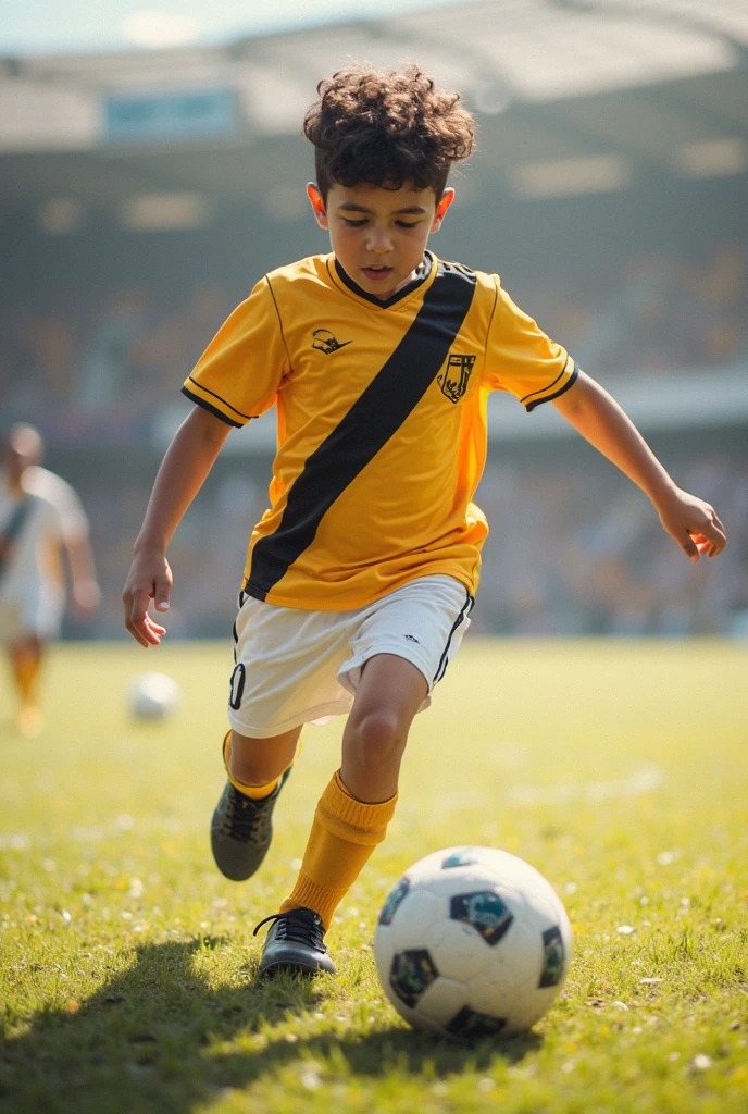 Child player Lionel Messi on a dirt field in a forest