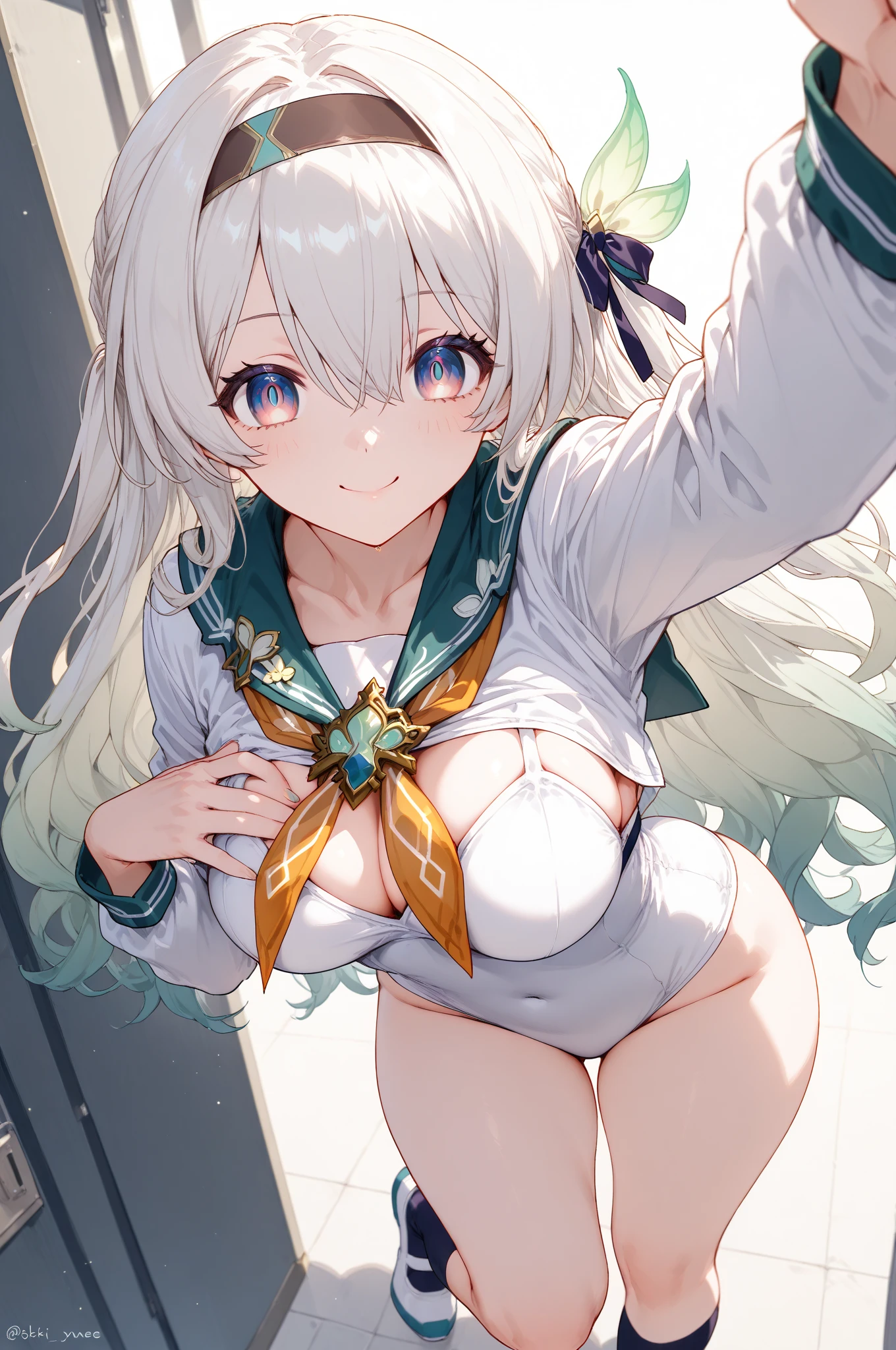 anime girl with long gold&green hair and a star in her hair, white haired god, anime girl with space hair, star(null) starry_null, Cute girl anime visual, splash art anime , white glowing aura, blonde girl, fantastic anime, akasuki voidstar, heavenly aura, Nightcore, Anime Moe Art Style Squat, portrait, NSFW, ( Panty peek:1.6), (nipple peeping:1.2), ((huge 胸:1.5)), portrait, thin, slim legs, (pink high heels),(spread your legs:1.3)、left hand behind head、Place your right hand behind your head.、arms crossed behind head、(showoff breasts:1.5),Breasts are showing off、(arms up behind:1.2),(kneeling down pose:1.5).(huge breasts:1.5).(topless:1.5),Directly in front composition、smile、(squatting, spread legs:1.3)