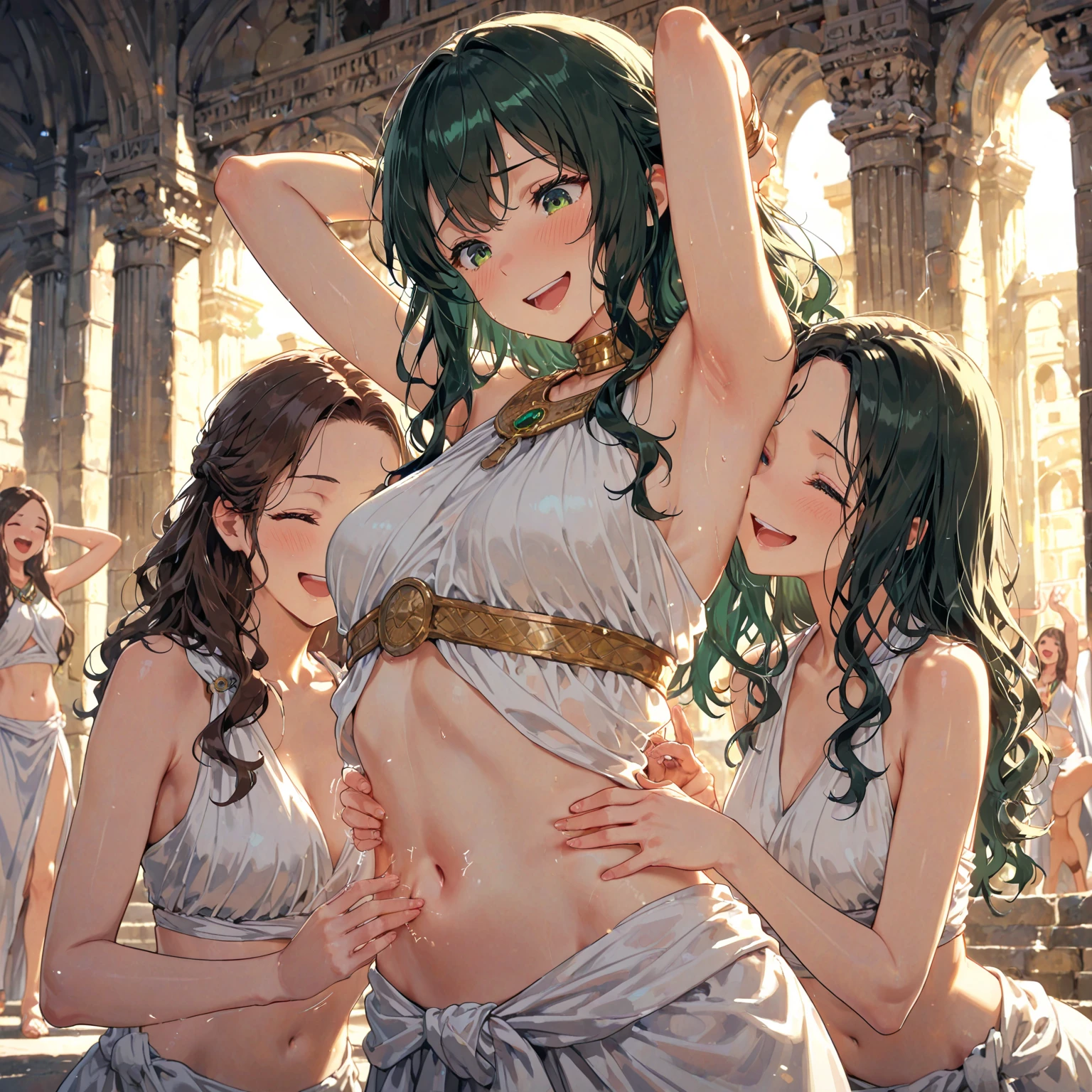 hitenkei style, claude monet style, oil painting, grape farm, ((grape treading)), wine-making, stomping on grapes, vineyard, winery, wine barrels, southern italy, ((topless)), nsfw, masterpiece, summer, 1 girl, erect nipples, intricately detailed, navel, bare shoulders, brown hair, necklace, head scarf, scenery, extremely detailed, bare breasts, puffy nipples, yellow eyes, bare stomach, soaked, medium breasts, arm strap, teen, soft eyes, smiling, armpit, sweaty, happy, half open eyes, lusty eyes, blushing, tied hair, 1 ear visible, side bangs, sleepy eyes, large nipples, lifeless eyes, tuscany, full body, long white skirt, scenery, huge nipples, saggy, looking away, happy, dancing, lifting the skirt with hands, festival, festival flags, confetti, town center, medieval