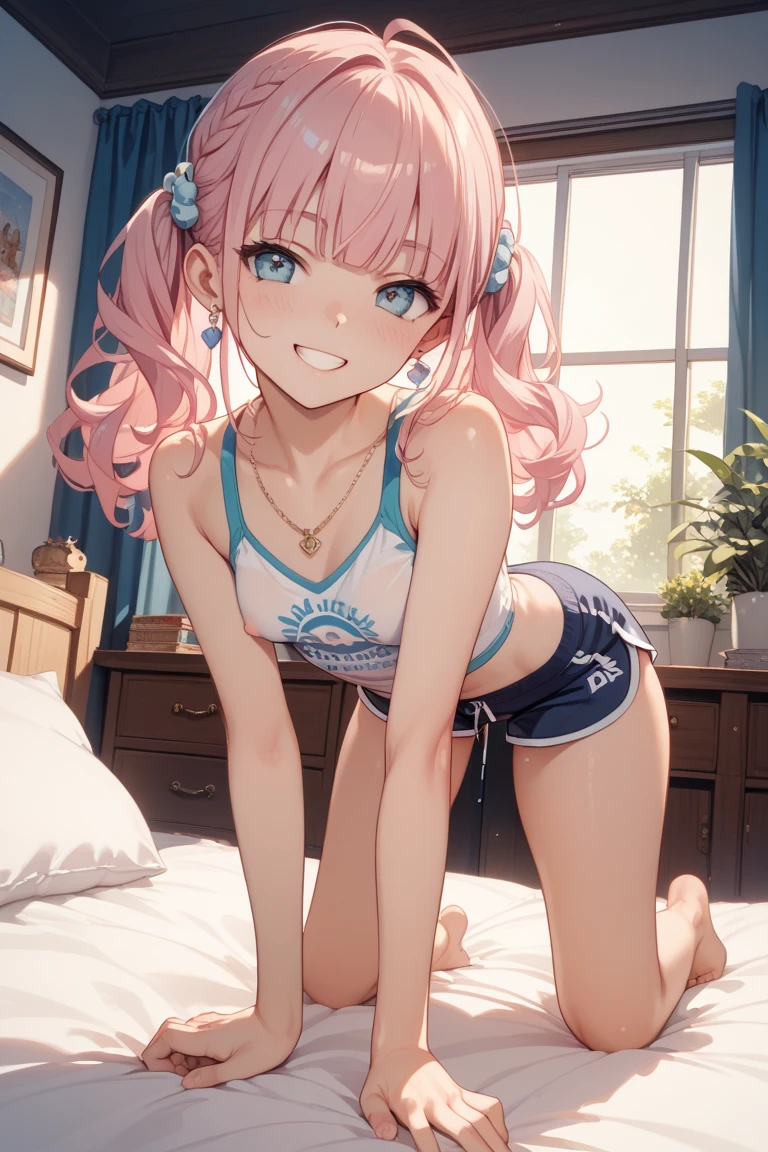 (masterpiece, best quality), A girl, ,small, small, flat chest, charming, clearly, SFW, Pink Hair, Top of crop, Denim shorts, bedroom, Striped knee-length socks, Transparent black top, armpits