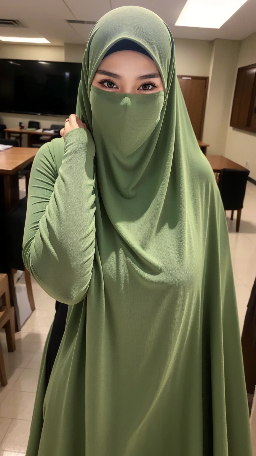 A beautiful and thinnest Malaysian Muslim girl wears green turtleneck unitard catsuit and green Lycra dancewear hijab
