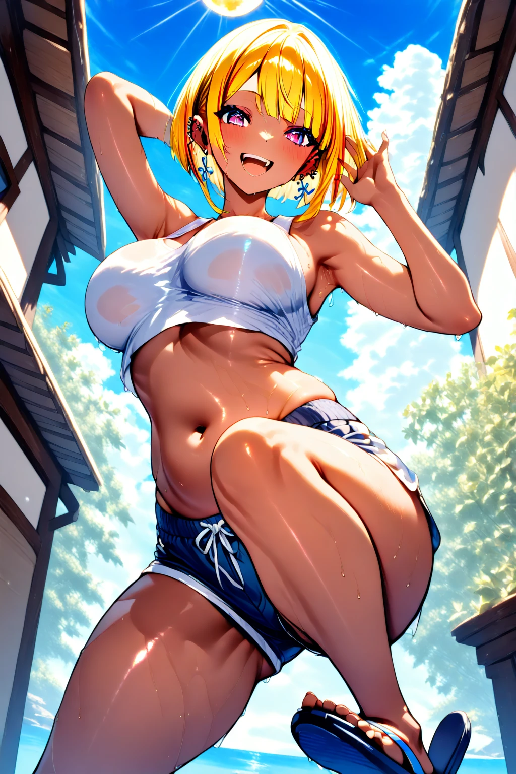 NUDE,blush,big tips,cross-eyed,busty,nsfw,((Highest quality)), ((masterpiece)), (detailed), Female giant, Blonde, short hair, blue eyes, Horror Beauty, Standing on the Clouds, (Fantasy Illustration:1.3), Captivating Gaze, Seductive pose, Delicate scars, The charm of another world, Mystical Sky, (Luis Royo:1.2), (Yoshitaka Amano:1.1), Moonlit Night, Soft colors, (detailed cloudscape:1.3), (High resolution:1.2)