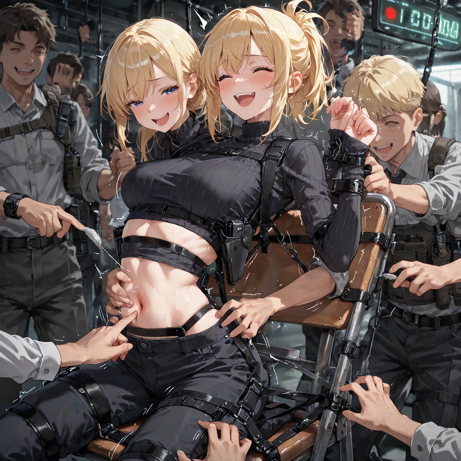 (absurdres, 8k, 4k, masterpiece, hyper extreme detailed:1.2), (masterpiece), best quality, expressive eyes, highres, perfect eyes, 1girl, perfect face, perfect hands, standing, belt, 1girl, blonde hair, eyepatch, perfect anatomy, eyepatch, long hair, platinum blonde hair, muscular, toned body, strong, empty eyes, blank stare, crazy face, crazy eyes, crazy smile, small, golden eyes, deadpan, expressionless, shaded face, messy hair, crazy hair, city background, heroic, half body, cowboy shot, night time, stars, night sky, wind, windy, bondage, bdsm, bound, bdsm, tape gag, tape, tape bondage, restrained, tape wrapped, wrap gag, bondage, taped wrists, taped breasts, taped mouth, taped elbows, taped forearms, standing up, 1girl, arms behind back, shocked, wide eyes, struggling, aroused, groping, fearful, scared, hands on breasts, breasts moving, hard , big breasts, shaking, struggling, naked, adult, mature, no clothing, cleavage, midriff, exposed shoulders, crotch, exposed collarbone, nsfw, ,