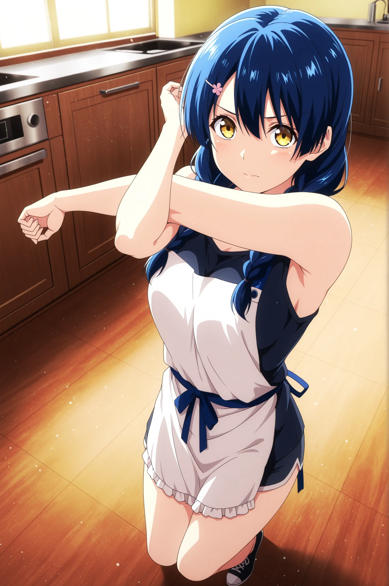 Perfect anatomy, (extremely detailed:1.0), absurdres,// naked apron, 1girl , sexy,breasts_squeezed_together, breasts squeezed together, 0.8v arms, Large breasts, breasts,, collarbone, Slender,// modern kitchen, Pots and pans, Cutting board, Chef's knife, food, , from side, High quality shadow, High quality light rays, Depth Of Field, Medium Full shot,blue eyes,blue hair,
