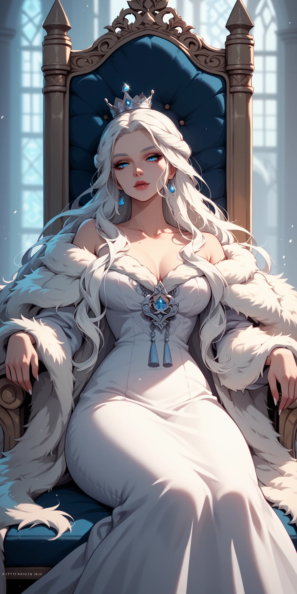 masterpiece: 1.2, best quality), realistic, (real image, intricate details, depth of field), (1girl, solo), makeup, highly detailed, perfect face, long white hair, queen, dye, seductive, female, throne behind background, crown, coronation, beautiful, 