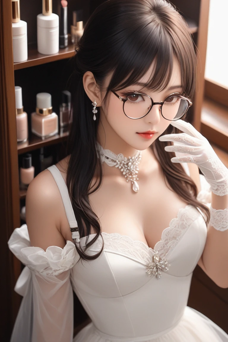 Ultra-high resolution, Superior Quality, Highest quality, Very detailed, Realistic, 8K, RAW Photos, Highest quality, masterpiece, Attractive girl, Awesome girl, Brown Hair, braided bangs, Asymmetrical bangs, Ｊ-POP Idol, Sophisticated, stylish, Black and white gothic lolita maid outfit,Luxury hotel lounge, smile:1.1、Bust up shot、Small breasts、Detailed eye resolution、Earrings、Black choker、Headdress、Round Glasses、High angle、Cleavage