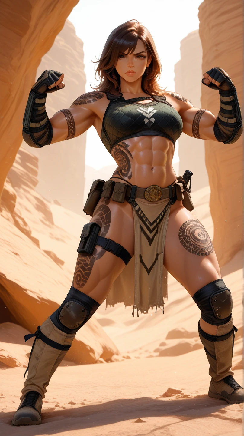 Mortal Kombat Kotal Kahn as a female, standing, post apocalytic dessert, night time, colorful background, UHD, side lighting, ultra realistic, ray tracing, full body must be shown