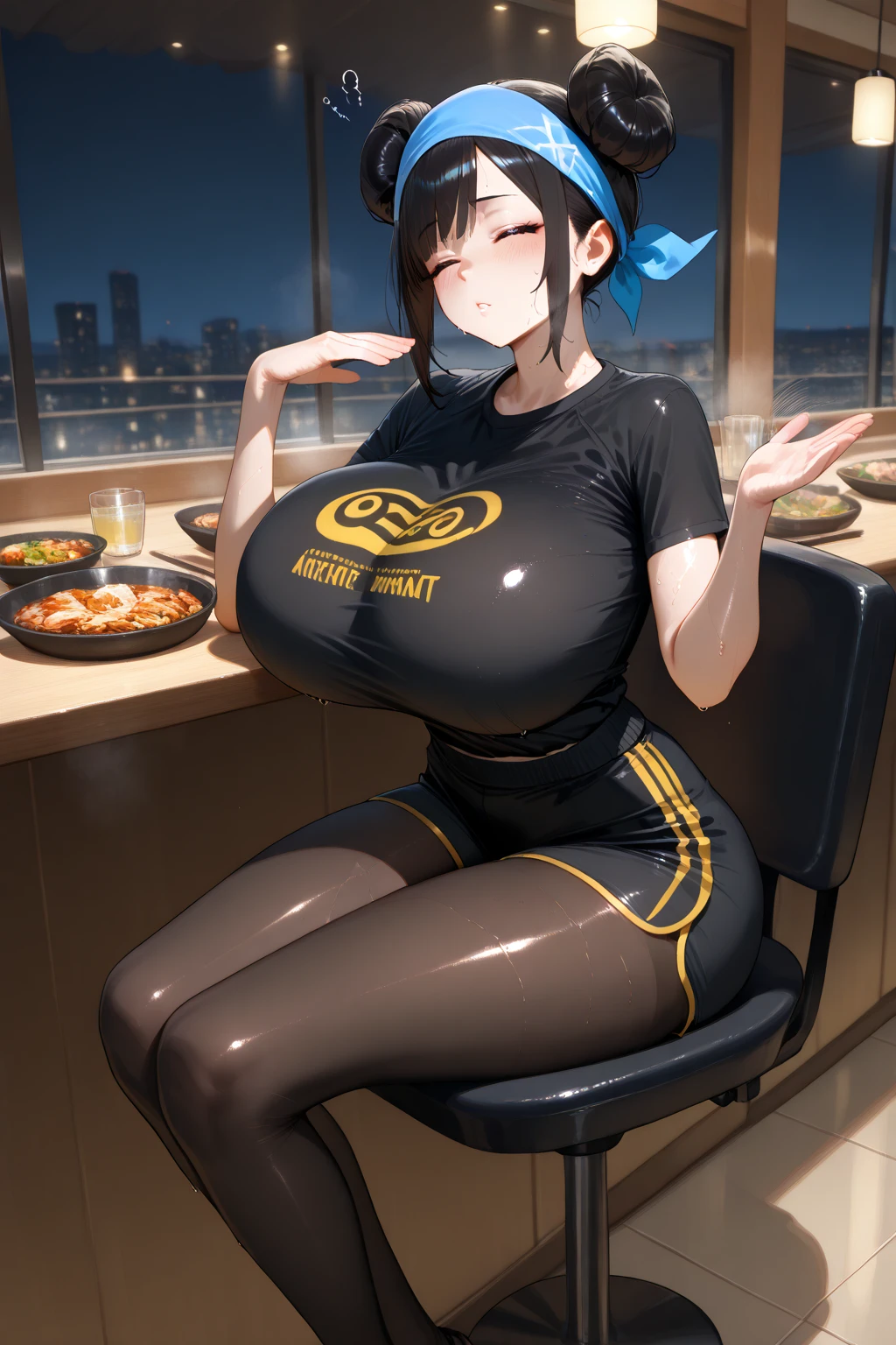 ((Masterpiece)), best quality, absurderes, ultra detailed, holographic, cowboy shot, dynamic pose, golden ratio, super cute girl, mature girl, extremely beautiful, triple D cup breasts, full body shot, viewer on floor looking up at her,super beautiful asian girl with super beautiful brown shiny eyes, super and sexy body, horny, seductive ,big round buttocks, large breasts,super beautiful legs, super beautiful brown multicolored short hair, high ponytail, shiny and super beautiful skin, nice and sexy body, slim and delicate body, perfect body, wearing a super tight black short sleeve crop top, bare shoulders, super tight translucid black leggings, hot panties, fox hairband, being photographed in a popular kawaii food court