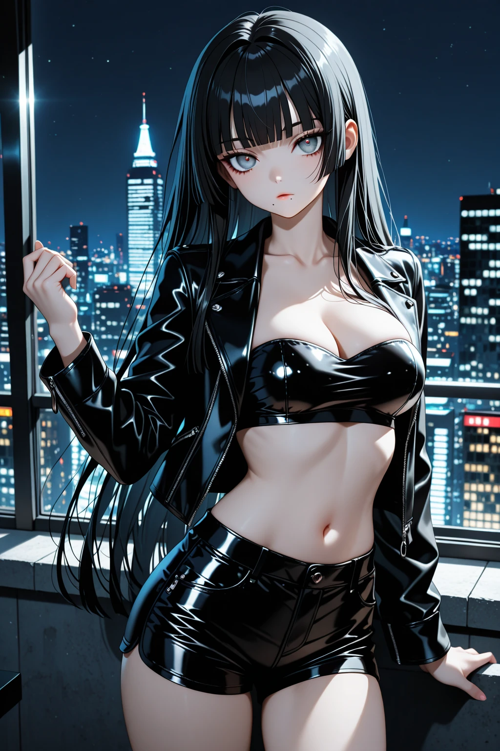 1girl, solo, Souryuuin Akemi, long hair, hime cut, standing, blush, lipstick, outdoors, rooftop, cityscape, building, railing, night, night sky, scenery, city lights, fur trim, mature female, gloves, fur-trimmed coat, masterpiece, best quality, highly detailed, a girls with a gun, evil smile , open mouth, sexy gaze, badass
pose , evil smile, smile, (nsfw) not safe for work, guns blazing, anime girl with long hair, beautiful long
haired girl, navel, evil expression, exposed belly, exposed navel, exposed midriff, exposed lower belly,
long black pants, crop top, cleavage, unbuttoned leather pants ,open fly, low rise black leather pants,
leather jacket, holding a gun,