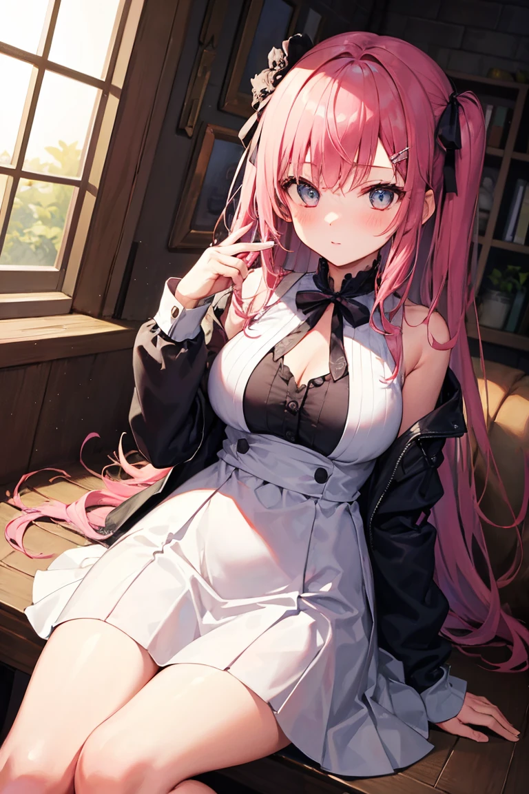 1 woman,  A sexy, blush, nose blush, ((long curly hair)),bunny suit bodysuit, ((fishnets pantyhose)), (tiny chest),