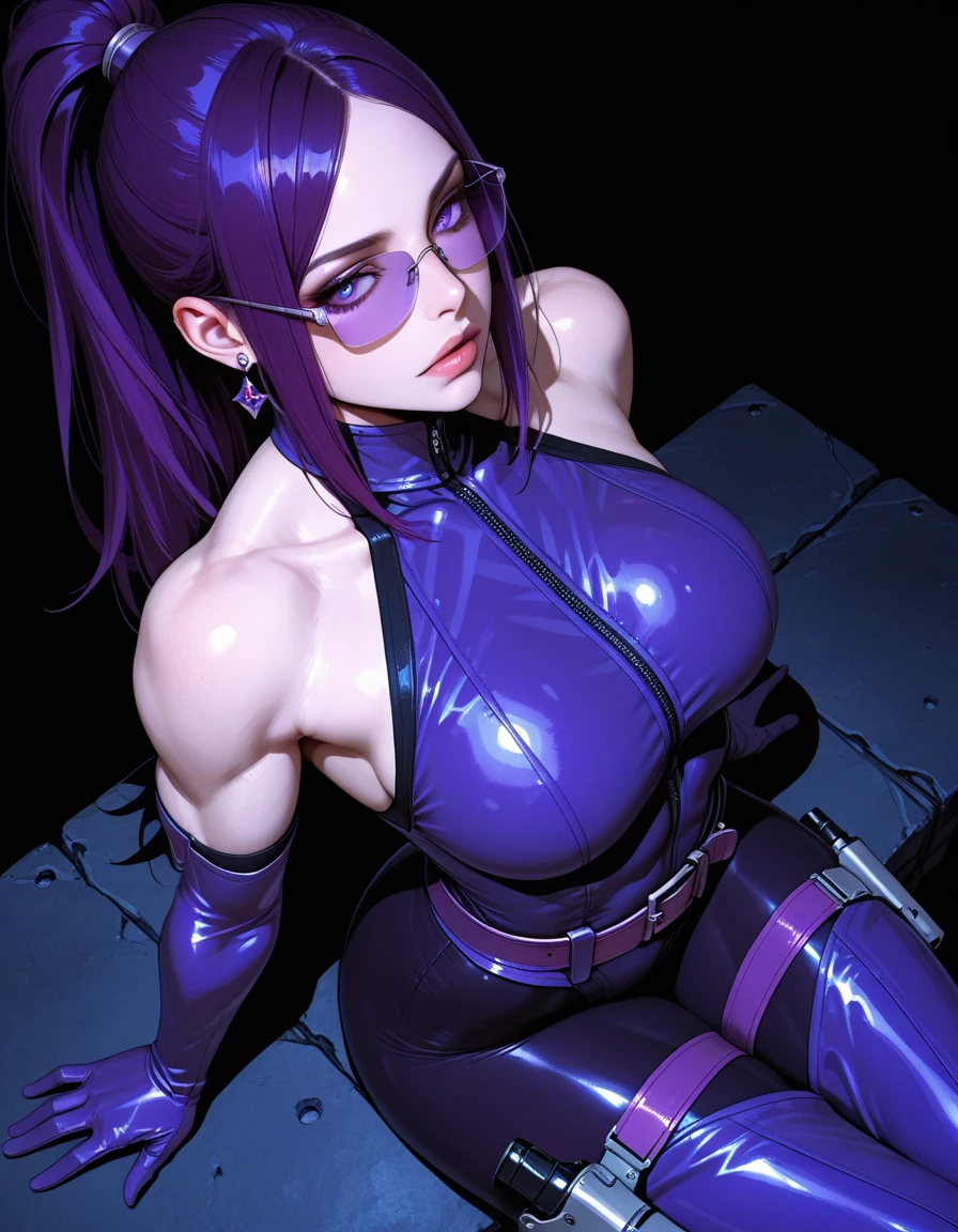 a close up of a woman in a purple latex outfit, nico robin, jojo style, style mix of æon flux, in jojo\'s bizarre adventure, style is a blend of æon flux, in a mixed style of æon flux, maya fey from ace attorney, character; full body art, posing as a jojo character, marin kitagawa fanart