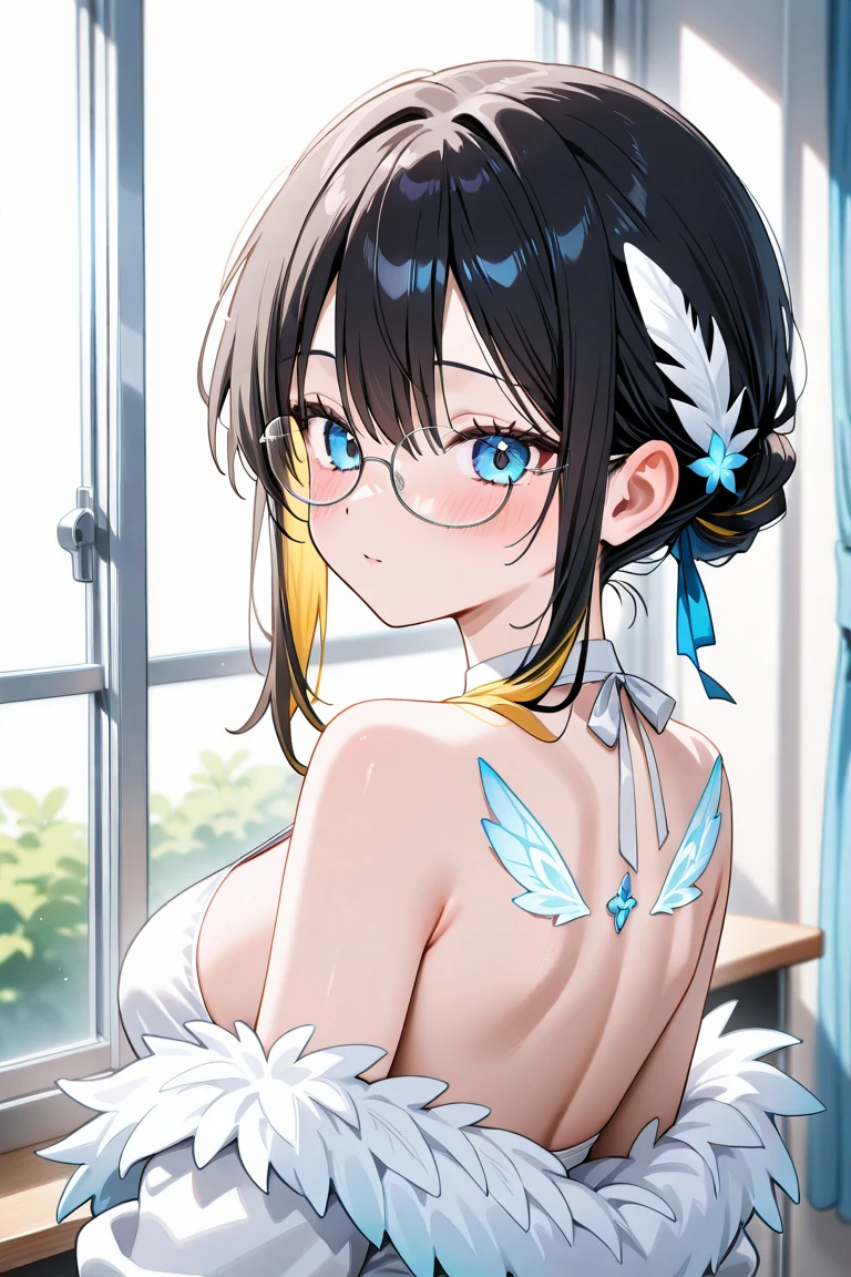 (Magazine cover: 1.3), (Reality: 1.3) (Original: 1.2), Masterpiece, Best Quality, 8K RAW, 16K, Beautiful Clean Face, Full Body, 1 Woman, Perfect Proportions, Big Breasts, Professional Wear, Black Stockings, Multiple Poses, Ridiculous, (Crystal Necklace), Pose for Photo, (White Braided Bun Hair), Glasses