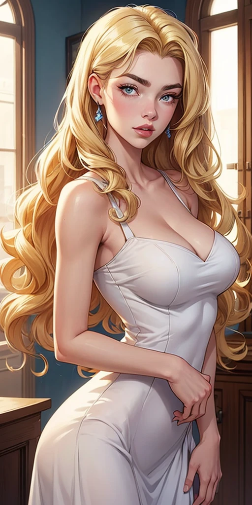 White woman、Platinum blonde、by the wide、Hair becomes wavy、tight skin, dress, belly button, big breasts, nice legs、Erotic、Very proportionate hips are contracted.、hand on hip、Elevator, hair in the eyes((hair over eyes))、smile, high, zanquilargo,