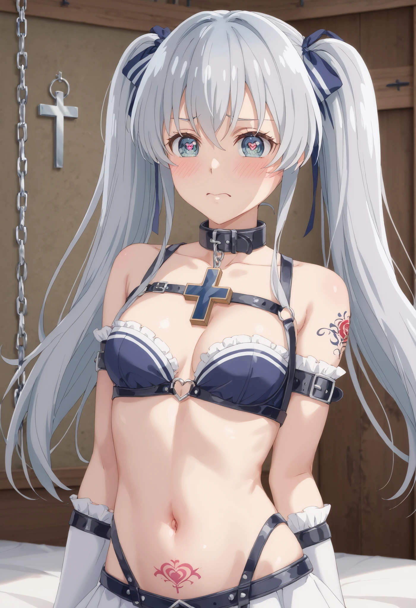   girl, pasties, pelvic curtain, groin,((flat chest)),slender,long hair,(loli),white hair,(((helmet))), prison, collar, handcuffs, 