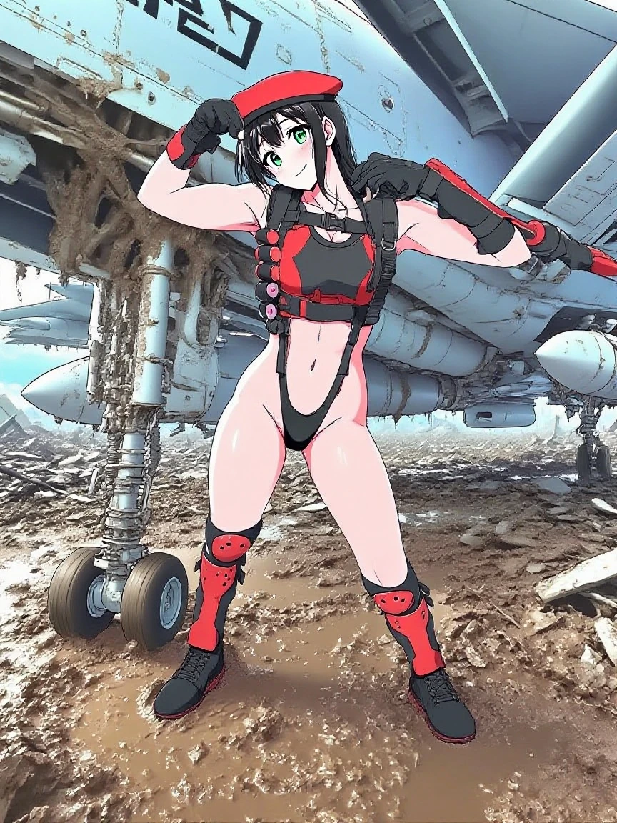1 girl, Kikoru Shinomiya From Kaiju no. 8, green eyes, sexy, ready to attack a kaiju, holding a advanced rifle weapon, aiming her weapon, tied hair, cute hairstyle, serious look, sinister, facing away from viewer, tactical gear, tactical boots, tactical gloves, full body shot, beautiful eyes, large breasts, triple D cup breasts, round buttocks, bubbly buttocks, wide hips, bubbly ass, 