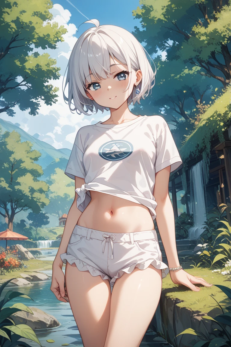 Masterpiece, 8k quality, extremely detailed, one girl, mature girl, elf, dark skin, short white hair, blue eyes, mole, baggy t-shirt, bikini bottoms, small breast, thick thighs, bubble butt, slightly chubby, perfect belly,