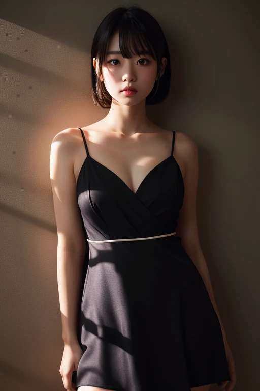 Generate an image featuring a woman with glossy black hair, styled with precision and shine. Emphasize her radiant flawless skin, captivating expressive eyes with a subtle sparkle, and perfectly manicured eyebrows. Dress her in a chic, form-fitting black dress that complements her figure, and add a touch of sophistication with minimalistic jewelry. Frame the shot with attention to composition, incorporating elements such as rule of thirds, balanced lighting, and a soft background blur to highlight the subject. Implement cinematic effects like chiaroscuro to enhance the overall atmosphere, creating a visually compelling image that seamlessly blends modern elegance with artistic finesse.