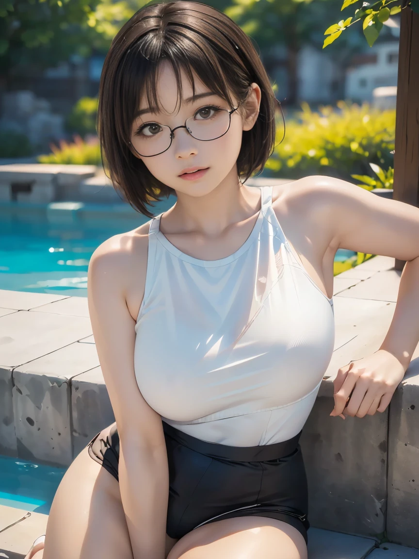 8k, RAW Photos, Highest quality, masterpiece, Realistic, Realistic, (1 Ultimate beauty), Female college students on the track and field team,(Strictly adhere to a composition where only one person appears in the photo)、(At the track and field meet)(Wear rimless glasses)((Wear running clothes suitable for sprinting))(Women's Athletics) Highly detailed face, (Perfect Teeth), fine grain, double eyelid, eyelash, Lip details, (((Black short bob hair)), (((Very large breasts)))Big Breasts,(((Warm up before starting)))(((Spread your legs on the ground and sit forward and bend over)))(((Accentuate your cleavage)))(((Leaning forward)))Cowboy Shot,  Soft Light, ((Written boundary depth)) 
Proceed with caution，((19 years old, Japanese women)), (((moderately fleshy body, Tight waist))), (((Front view, Realistic))Front view