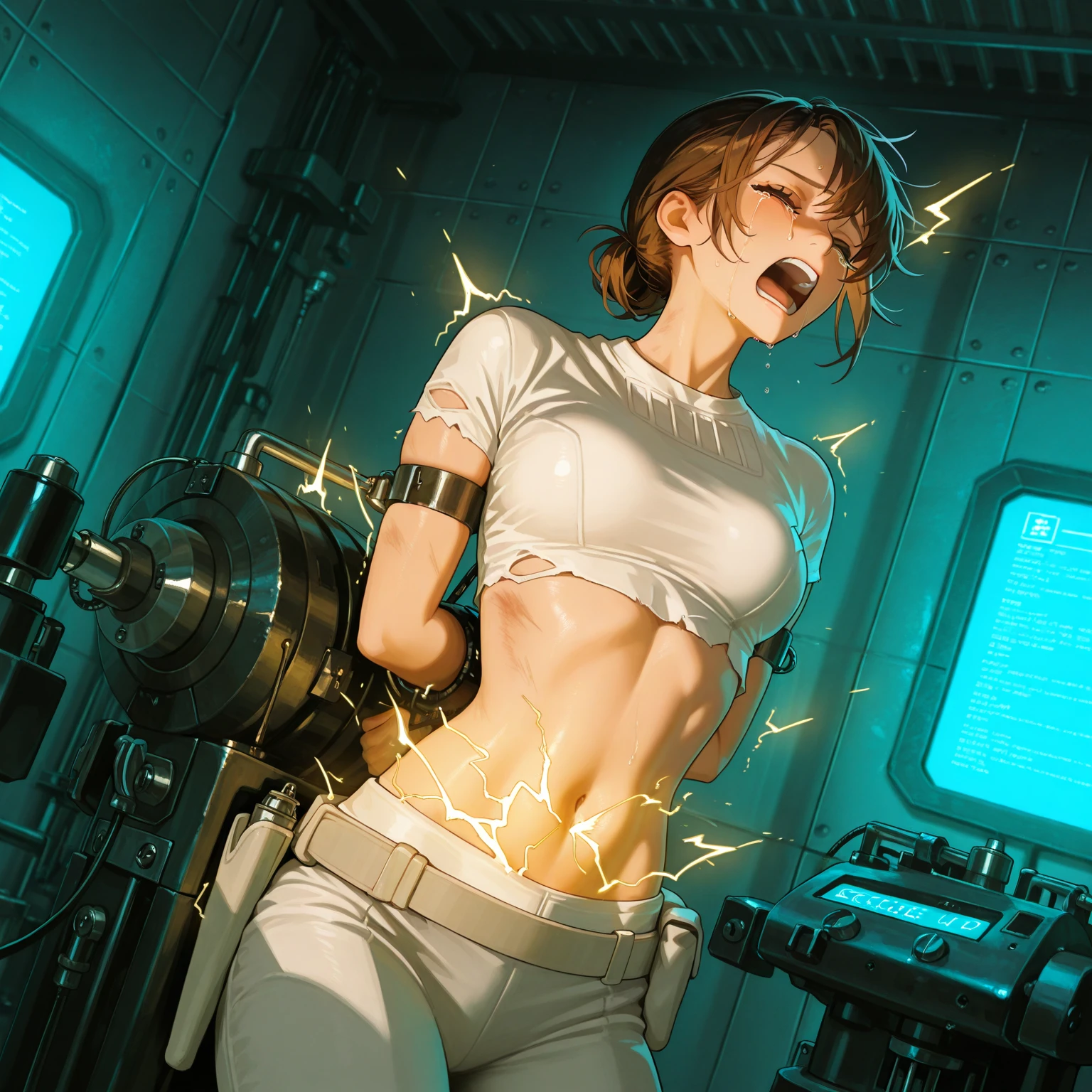 ムチムチfemale,Abdominal muscles,Drenched in sweat,White of the eyes,Clothing incontinence,Heavy urination,Pee on the ground,puddle,femaleスパイ,Electric shock,Electric shock,thunder,Bondage,female,Anime Style