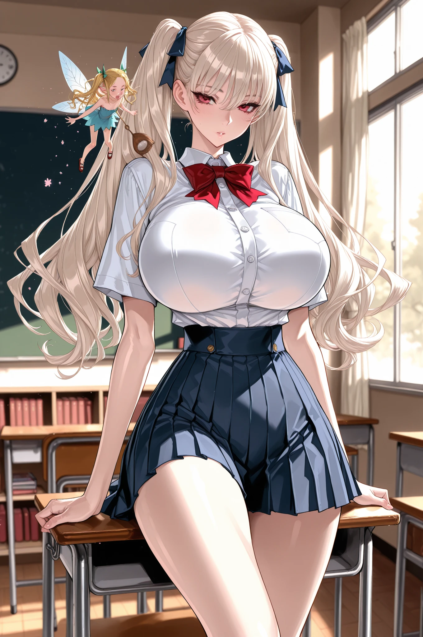 top-quality, 8K picture quality, masterpiece, Professional lighting without shadows, A hyper-realistic, perfect anatomia, (Two girls), (with perfect body、Colossal breasts with tension:1.2), Bright whitening skin, (Plump red tear bags and bright and beautiful blue eyes reflect a lot of light:1.2)、 A deep red ribbon tie is wrapped around the collar...、Made of ultra-thin white fabric that fits snugly against your skin.、Tight and neat blouse.、No skin is exposed on the upper body。, Dress up with a super short mini pleated tartan check skirt., (her skirt is dramatically too short:1.3), (Proudly showing off her taut huge breasts from the front through her blouse:1.3), (Another girl on the other side pulls up her skirt and shows off her big ass from behind:1.2),