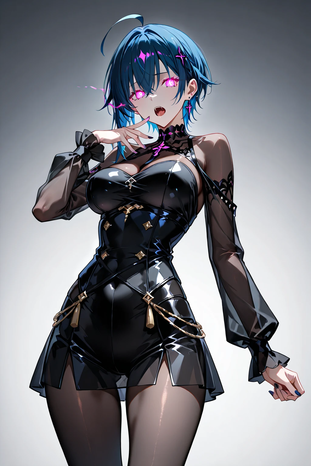 best quality, masterpiece, ultra-detailed, illustration, dynamic pose, Rem from Re:Zero, blue short hair, hair over one eye, (perfectly proportionate body), eyeliner, tired, wearing a leather jacket, (covid face mask), adorned with studded accessories, platform boots, layered necklaces, bold patterns, (torn fishnets), dramatic makeup, black nail polish, oversized rings, chains and buckles, black lipstick, busty body, wearing a crop-top, close-up shot, cinematic lighting, volumetric lighting, vibrant colors, ray tracing, 