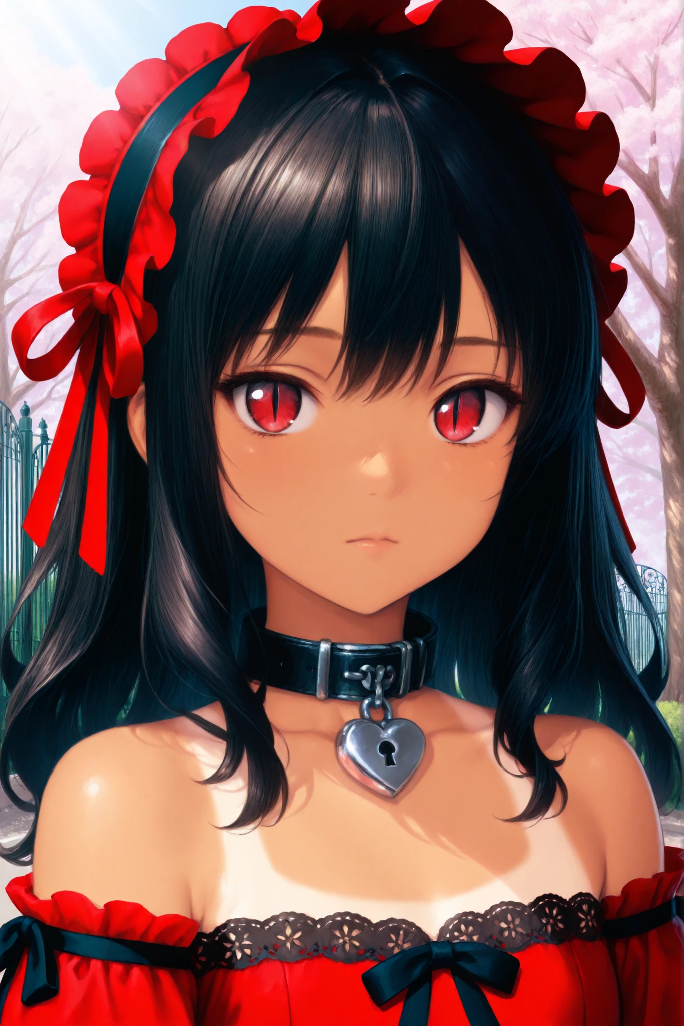 masterpiece, best quality, chest-up portrait, 1 small girl, petite, tiny chest, Latina, long wavy black hair, dark crimson eyes with slit pupils, soft tan skin, slight bored expression, red open-shoulder lolita dress with modest neckline, intricate black lace trim, padlocked heart collar, Fushimi Academy front gate background, cherry blossom trees, afternoon sunlight, anime style, academic setting