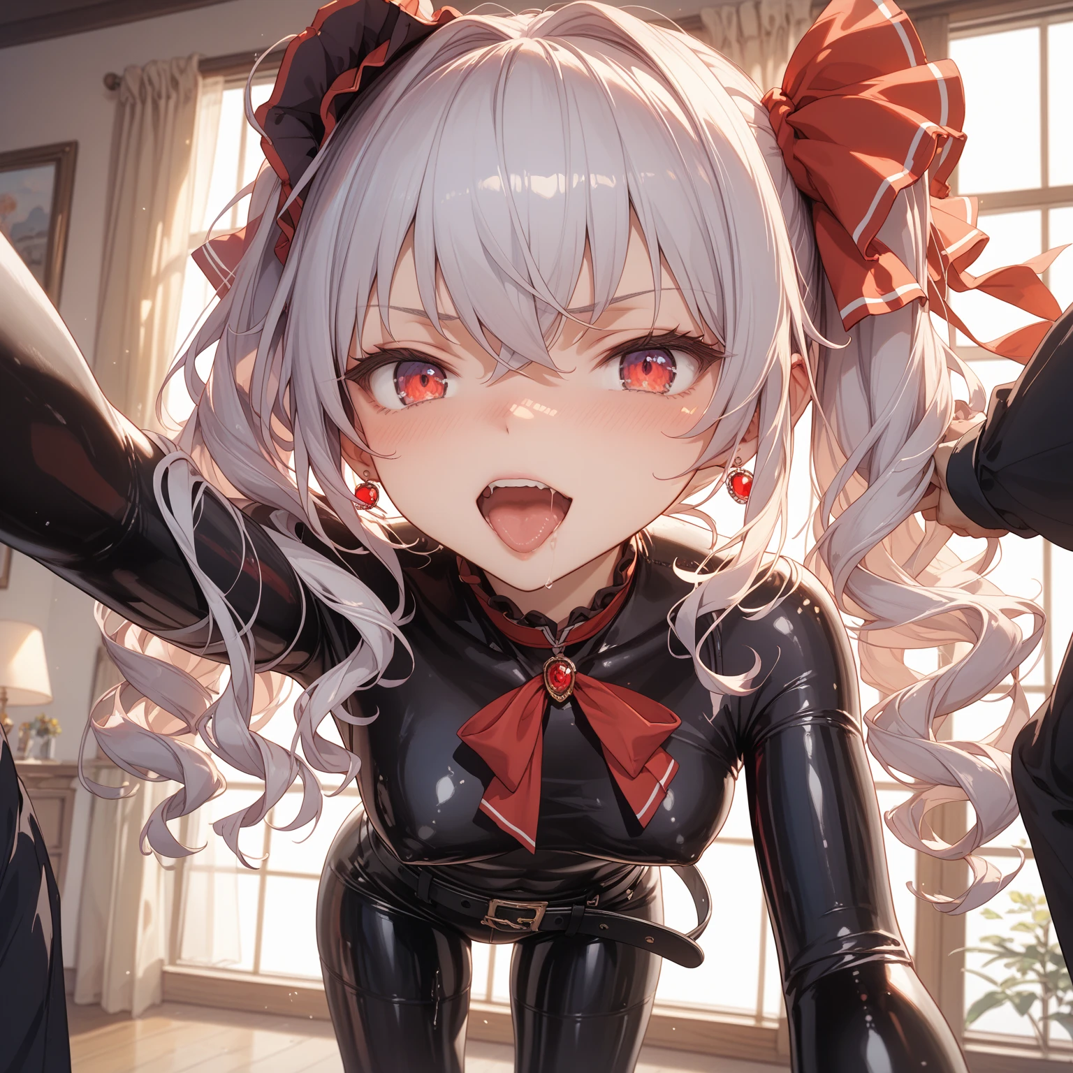 high quality High resolution, 8k Wearing party dress During masturbation Ahegao On all fours Tongue out Cross-eyed A seductive expression that seems to be comfortable