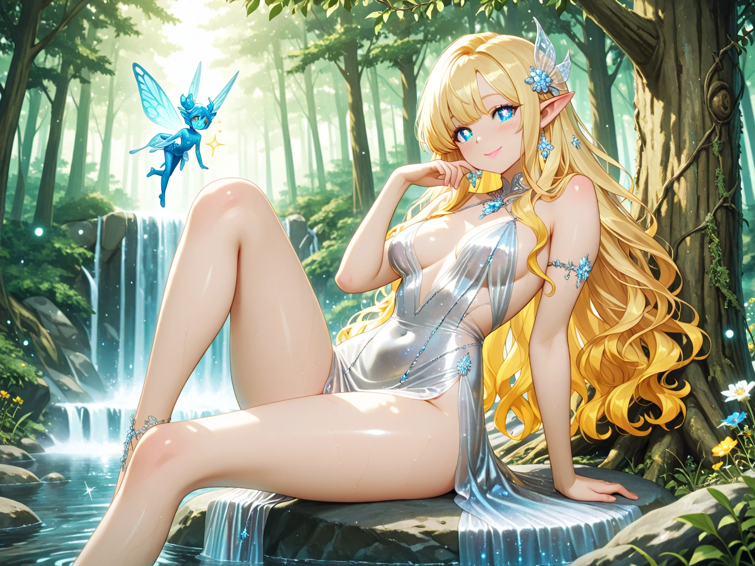 2D illustration, anime-style, beautiful girl, elf, (12 years old), blonde, blue-eyed, hair ornament, smiling, ((((legs open))), holding a magic wand in her right hand, open chest, shea-white ultra-thin fabric, see-through ancient-style robe, ( The tips of the breasts are colored and raised and protruding))), ((the entire chest is visible through the body)), floating hems, collars, bangles, anklets, sandals, ((figure up, low angle, crotch up)), ((transparent exposed wet crotch))), (((water droplets in the crotch)), wet body, wet clothes, ancient ruins eroded by vegetation, waterside, light on the surface of the water, magic light, starry sky, Wind is blowing, ambient occlusion, halation