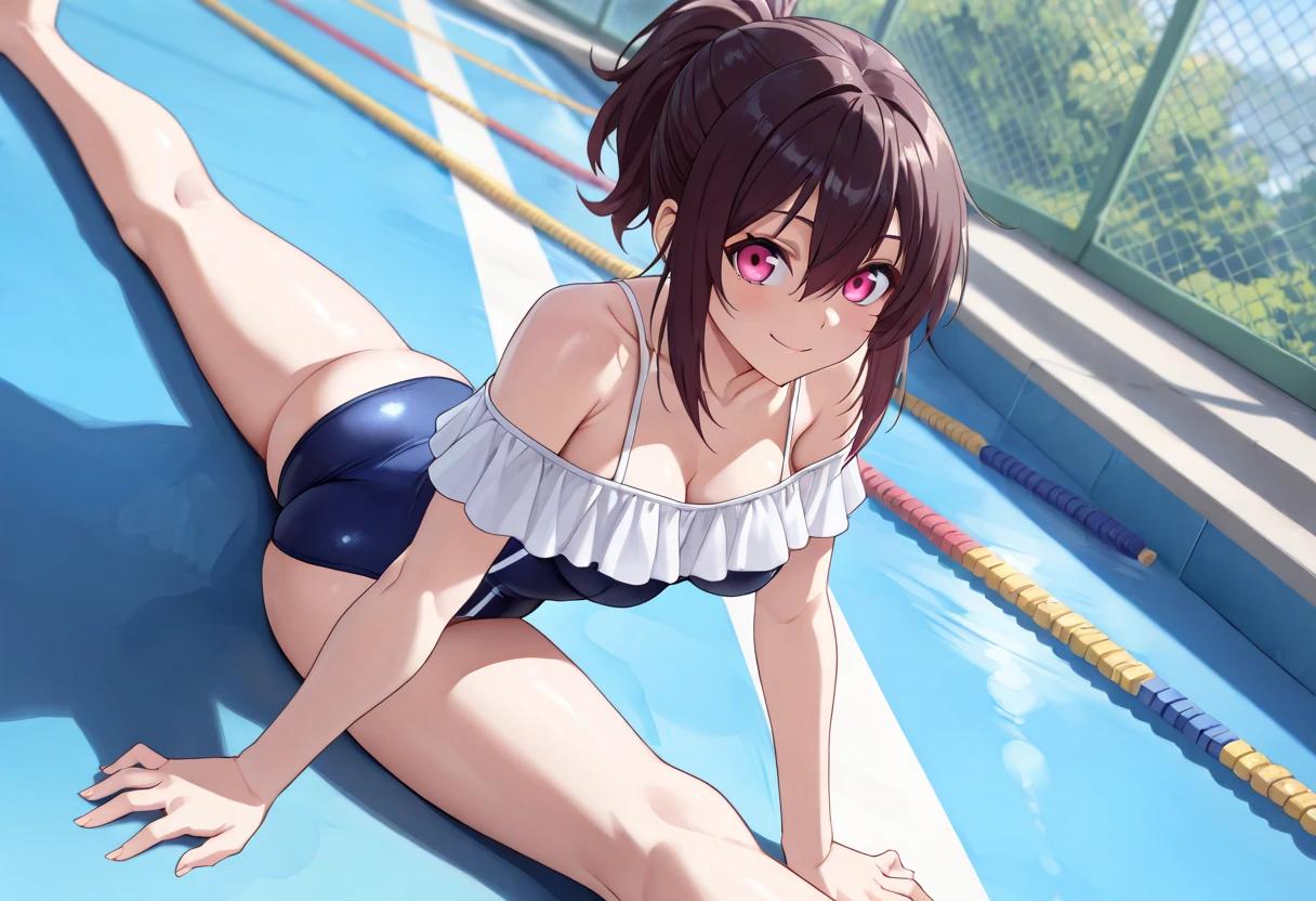 (((masterpiece))), (((best quality))), (((expressive eyes))), (((perfect face))), (((1 young woman))), ((((((solo)))))), (((using a swimsuit with ruffles)))), (((pink swimsuit))), (((medium breasts))), (((light brown eyes))), (((smile))), (((open mouth))), (((looking at the camera))), long hair, (((jet black hair))), (((holding a ball))), (((backwards))), (((thong swimsuit))), (((focus on the butt))), (((butt facing the camera)))