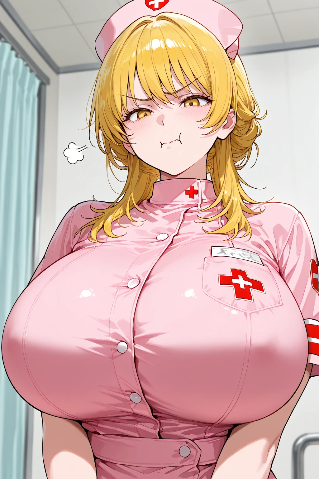 System Deep_Android 18, One girl, 一人in, chest, Looking_in_Audience, smile, short_hair, green_eye, blonde_hair, nurse_Costume, indoor,Best quality, masterpiece, ultra high res, (photorealistic:1.4), raw photo, 1girl yawning sleep in bed,, dramatic lighting, full body, bitch, micro bikini, huge breasts, in bad, I see your black pants、Nipples are visible