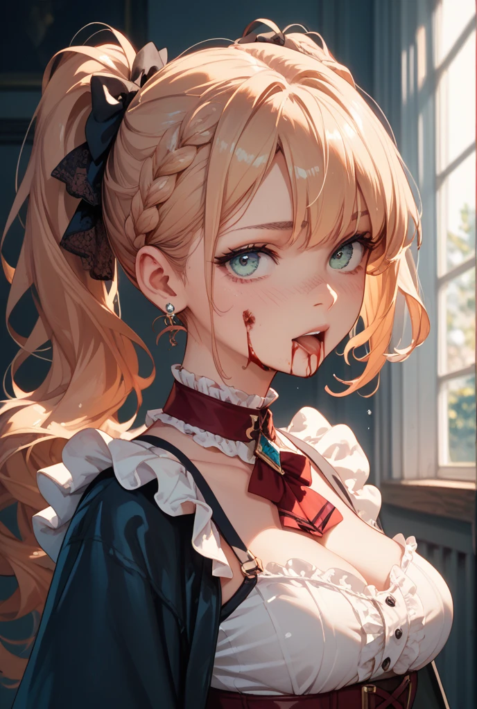 ((highest quality)), ((masterpiece)), (detailed), Perfect Face,Overlooking,Gothic style,At the mansion,Open your mouth,((looking up)),Trance,Long Tongue,Red face,beautiful girl,crinoline,Lace socks,velvet,Frills,corset,Big ribbon,choker,Oily skin,((Sweat)),((steam))