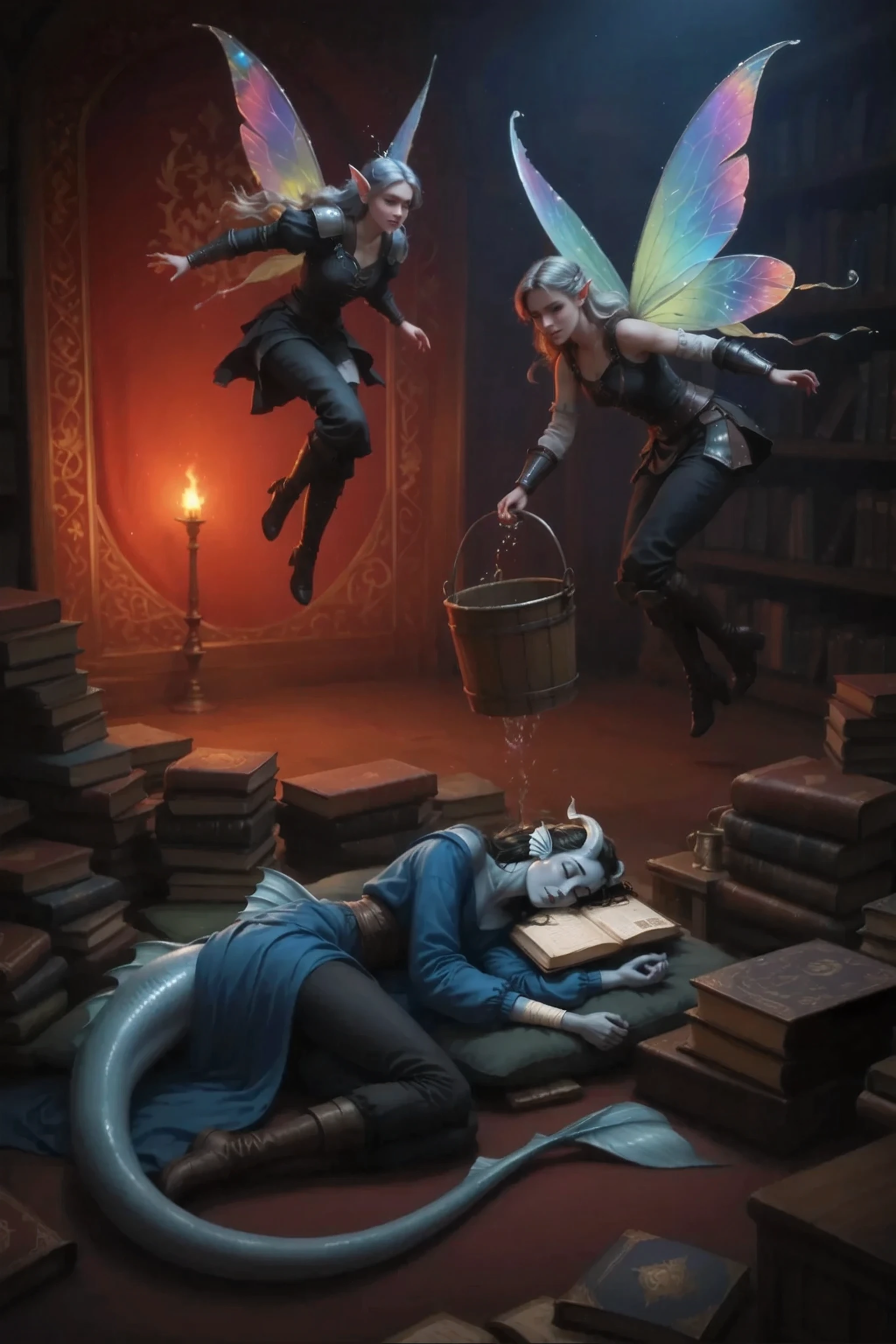 Vertical view from above of Kedra tail, fins on the head, horns on the head, sleeps, with closed eyes, sleeps на книгах. Lots of old magical ancient books. Against the background is an old magic library in warm light. Thin cheeks, skinny kind face, в средневековой синей одежде и чёрными средневековыми штанами с хвостом похожим на драконий сзади лежит sleeps с книгой на лице среди древних старинных книг. And next to each other, 2 medium-sized female fairies are swirling in the air with bright transparent and colored wings behind their backs, and one holds a large bucket of water preparing to spoil a sleeping woman.
Heavily blurred background. Night. warm room light. soft long shadows. A room in red tones with gold patterns with lots of old magic books. In the foreground, a very large fairy looks at the viewer.
masterpiece, best quality, Ultra-detailed, Cinematic emotional static frame, 8K UHD, is extremely detailed, physical visualization, HDR.
Unrealistic image, fantasy genre, dramatic lighting. Highly detailed digital art style, (sfw:1.3).
