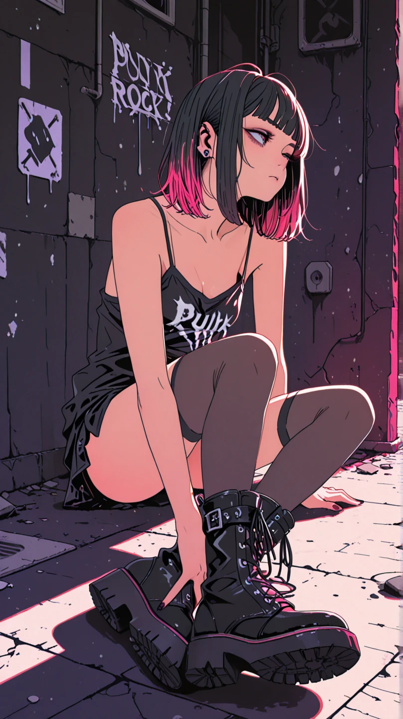 woman, curly red pixie cut hair, green eyes, wearing crop top black shirt, long black jacket, red plaid skirt, (black knee high boots), black fingerless gloves, exposed shoulders, (full body), ????????????? freckles, cleavage, abs, looking at viewer, masterpiece, best quality, an14, Holo-Punk Style, sitting on steps