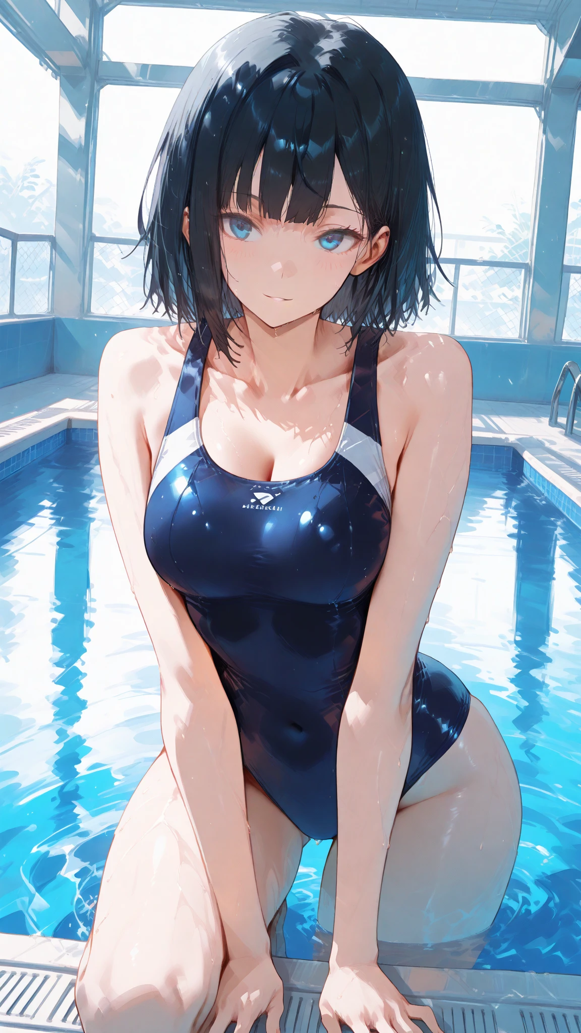 Masterpiece, Best Quality, Hi-Res, 1 Girl, Solo, Medium, Dark Blue Hair, Dark Blue Eyes, Short Hair, Bangs, Hair Between Eyes, Floating Hair, One Piece Swimsuit, Wet, Poolside, Blush, Sweat, Wet, Slim Body