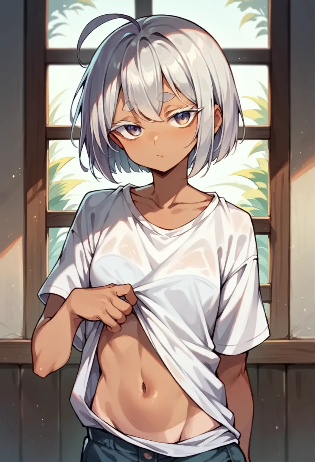 One Girl, Gray Hair, Low twin tails, There is only one mole below the eye, There is only one mole, Small breasts, Cheeky face, looking at the camera, ass pov, Brown Skin, White off-shoulder, Belly button, Sweating, Face is close, Sticking out tongue, Denim shorts, Black knee-high socks, slender, Brat,