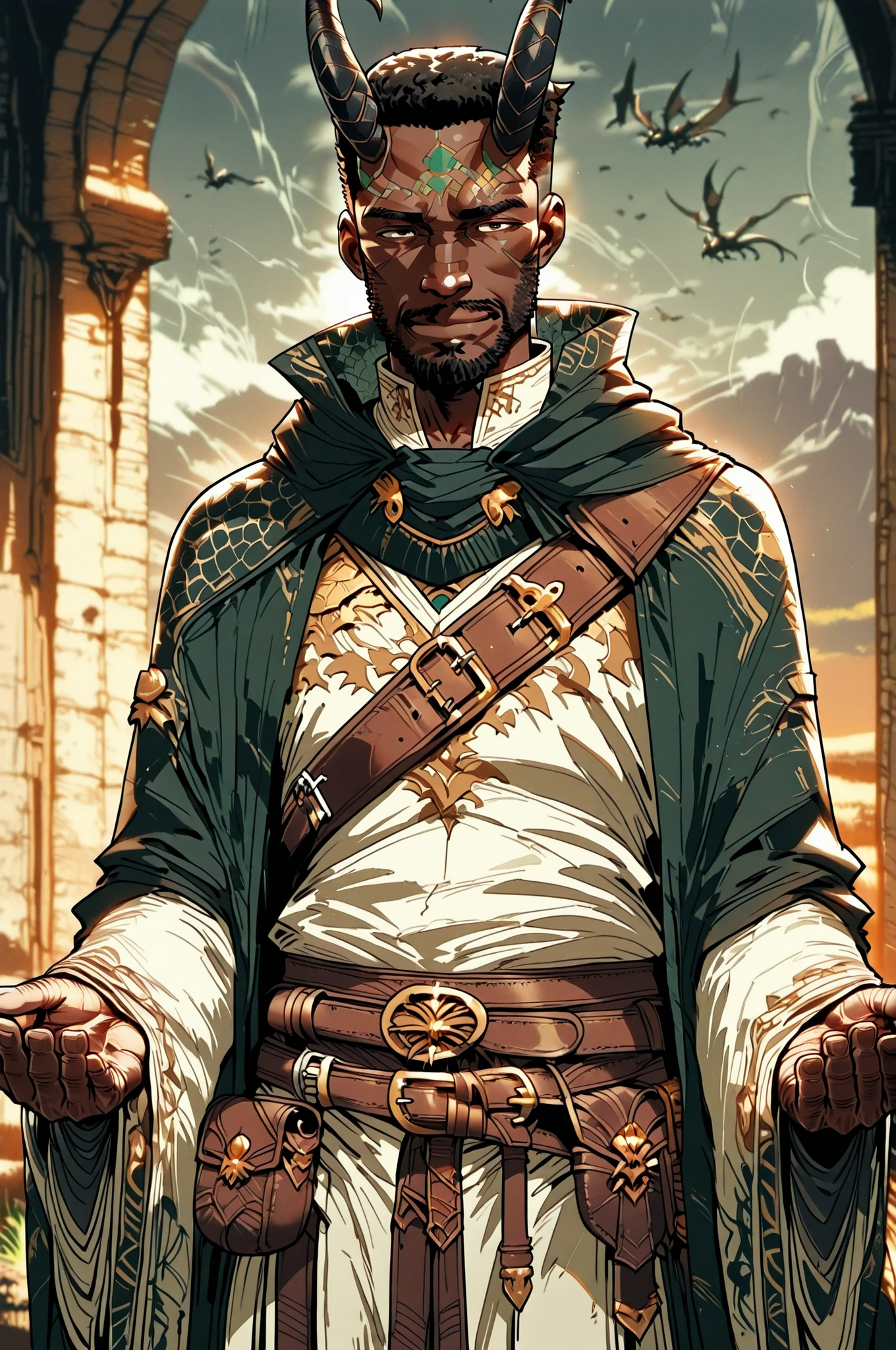 dark-skinned male, african male, african, ,Solo; 1 man, mature man, half_aged man, African skin, small dragon horns on forehead, grenn scales on hands and neck, wears a cloak that drapes over a rugged tunic, giving off a medieval or fantasy vibe, straps and belts wrap around the waist, securing a pouch at their side. The chest area of the garment is notably worn and frayed, a gentle smile expression, color palette adds depth to the scene, evoking a sense of ancient  and mystery 