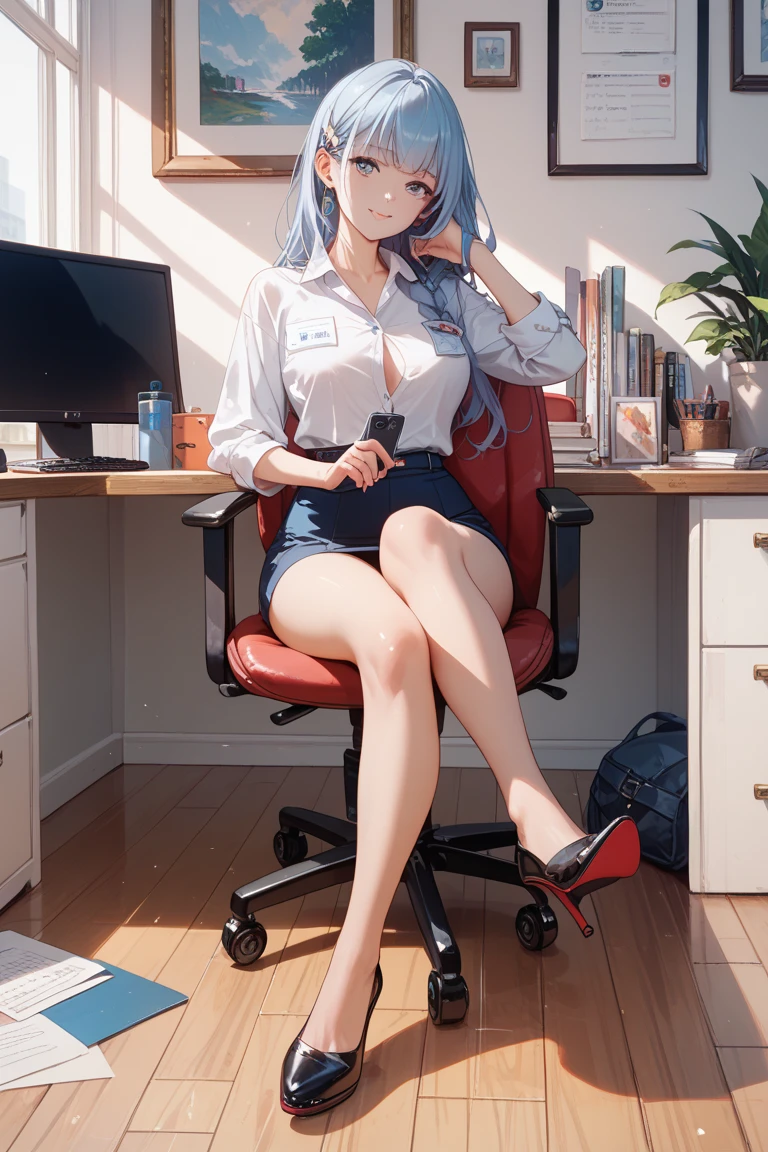 shenhe， 1girll， 独奏， （（white  shirt））， black thighhigns， nedium breasts，， 校服， office backdrop， a black skirt， pleatedskirt， office room， hair between eye， hair adornments，big cleavage breasts， long whitr hair， looking at viewert， silber hair， braidedhair， silver short nails， Silver eyes， 独奏， Thighs, thighs， upper legs， long whitr hair， （（tmasterpiece））， Sat down， a chair， Study desk， Computer on the desk， name badge， ID tags， inside in room， Be red in the face，a sexy pose，the feet