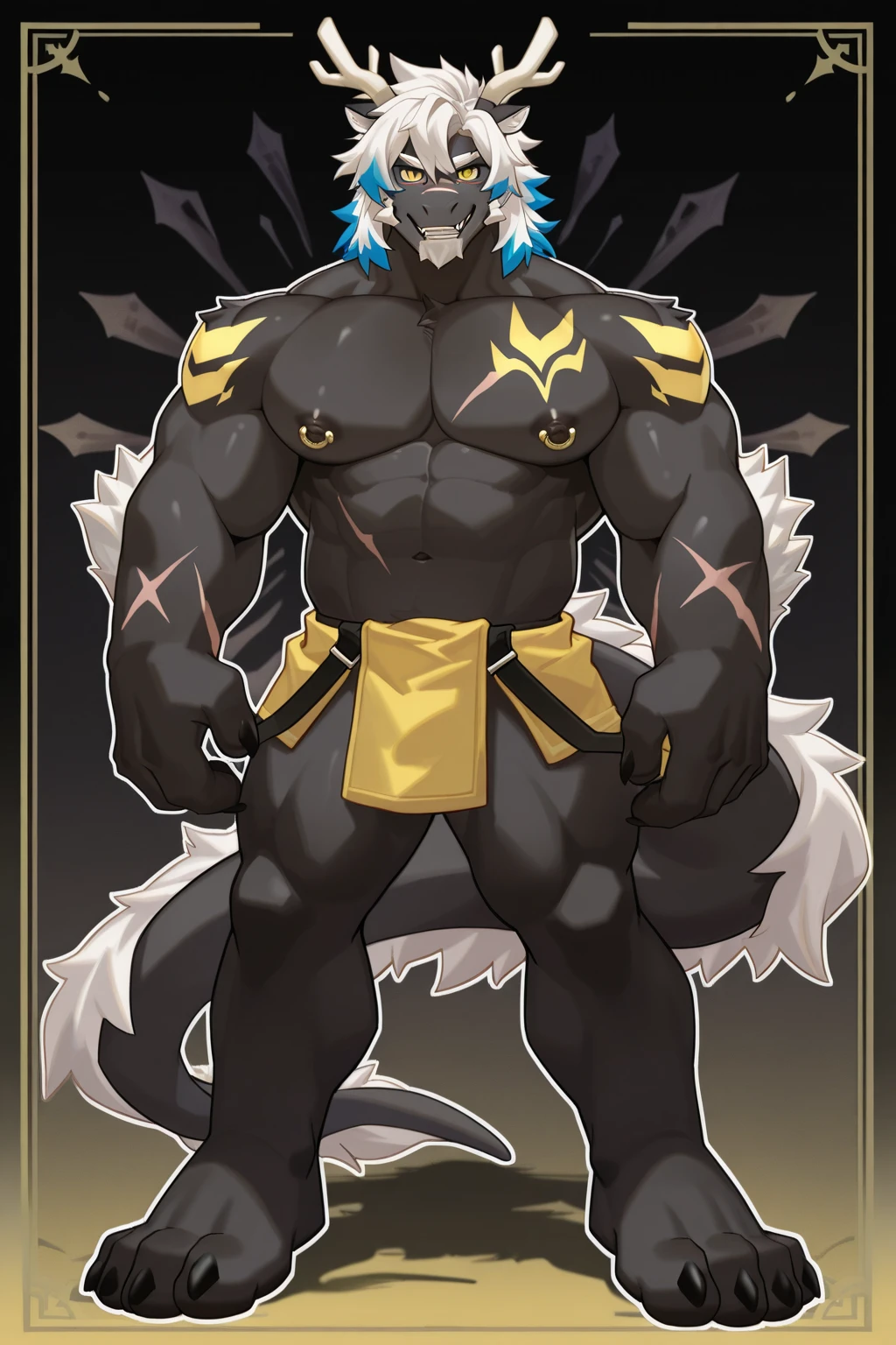 Solo, Anthro, male (((solgaleo, lion, blue sclera, muscular, big pecs, abs, yellow nipples, white fur, black body, black nose, multicolored body, multicolored fur, multicolored mane, white mane, mane, grey pecs, black chest, black abdomen, white arms, white legs, 5 fingers, tail, white tail, yellow tipped tail, markings, orange tipped mane, orange speedo, big bulge))) standing, pokemorph, biped ((focus grey abdomen, focus solgaleo, focus grey chest)) full body, perfect anatomy, by darkgem, by mystikfox61, by glitter trap boy