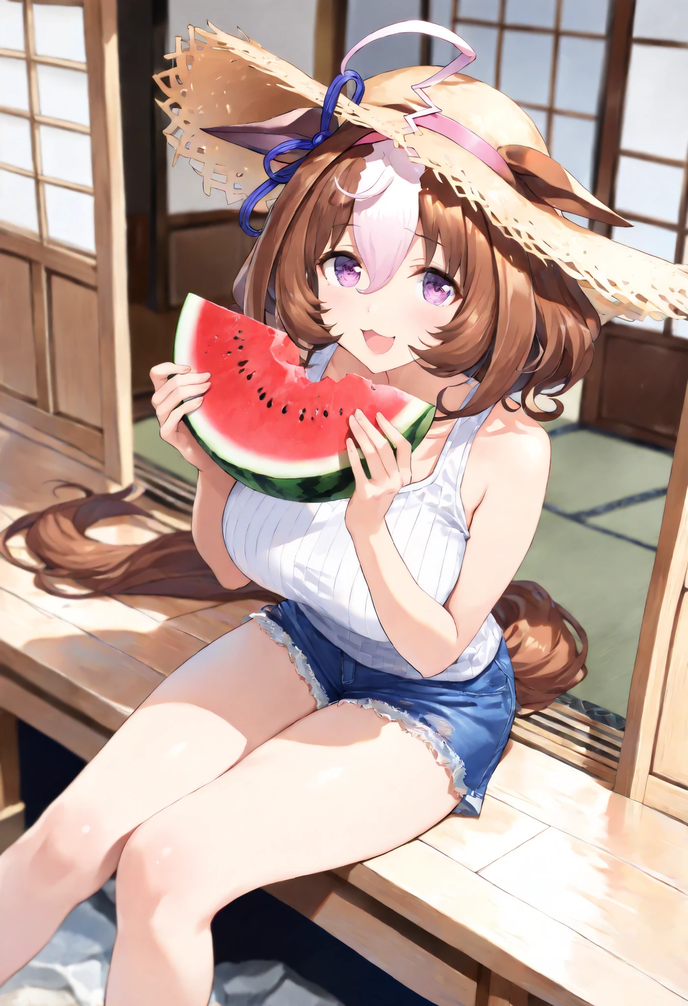 (masterpiece, best quality, perfect face:1.4), wide angle, meisho doto \(umamusume\), 1girl, ahoge, horse ears, ear ornament, pink headband, horse tail, tail on the lower back, proportional body, proportional, beautiful hair, beautiful face, beautiful detailed eyes, beautiful clavicle, beautiful body, beautiful chest, beautiful thigh, beautiful legs, beautiful fingers, looking at viewer, BREAK, eating holding (big) watermelon (with both hands) at veranda (wood deck:0.5) of (Japanese house), (summer) vacation, tank top, short pants, sleeveless, straw hat , smile, happy, open mouth wide, (sunlight:0.3), (lens flare:0.3), sitting, realistic skin, textured skin, HDR, BREAK, good hands,