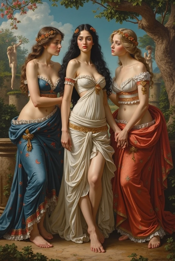 on a wide field, small full body, foot on ground, naked, six females greek with cloak are farming, female greek, painted of rugged zeus and queen hera singing with lia, god of thunder, female greek god, white hair, masculine, mature, handsome, full body, muscular, hairy torso, fantasy, intricate, elegant, highly detailed, digital painting, artstation, concept art, smooth, sharp focus, illustration, art by gaston bussiere and alphonse mucha, almost naked