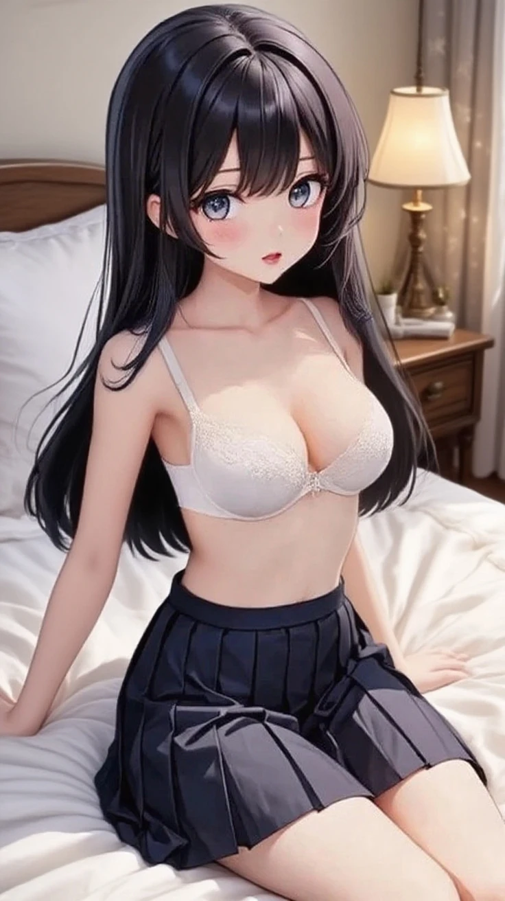 best quality, girl, highres,classroom、black lace bra、black skirt、straight hair、17 years old、girl's room、bed、face down、night