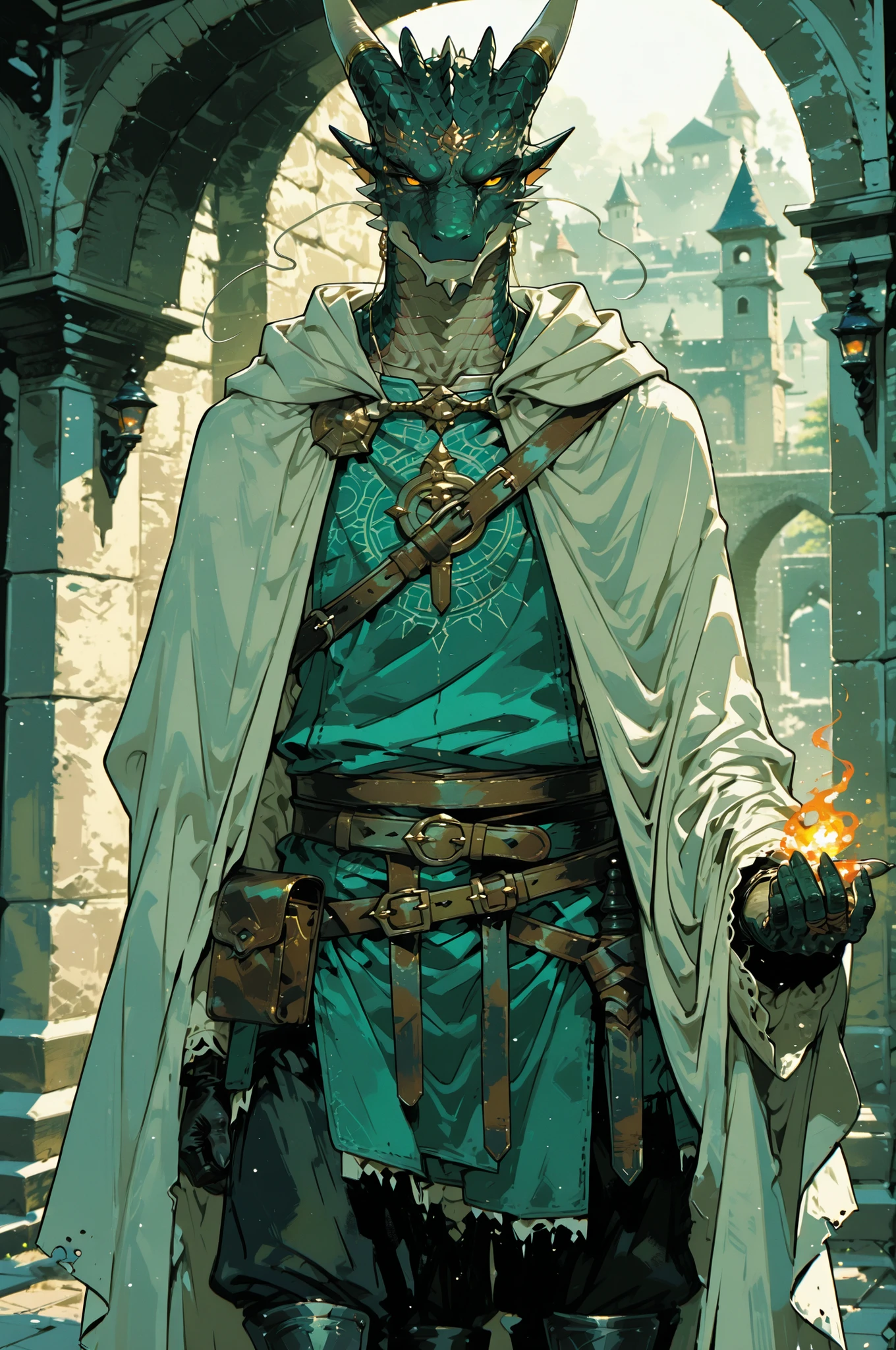 Solo; 1 man, mature man, half_aged man, African skin, small dragon horns on forehead, grenn scales on hands and neck, wears a cloak that drapes over a rugged tunic, giving off a medieval or fantasy vibe, straps and belts wrap around the waist, securing a pouch at their side. The chest area of the garment is notably worn and frayed, a gentle smile expression, color palette adds depth to the scene, evoking a sense of ancient  and mystery 