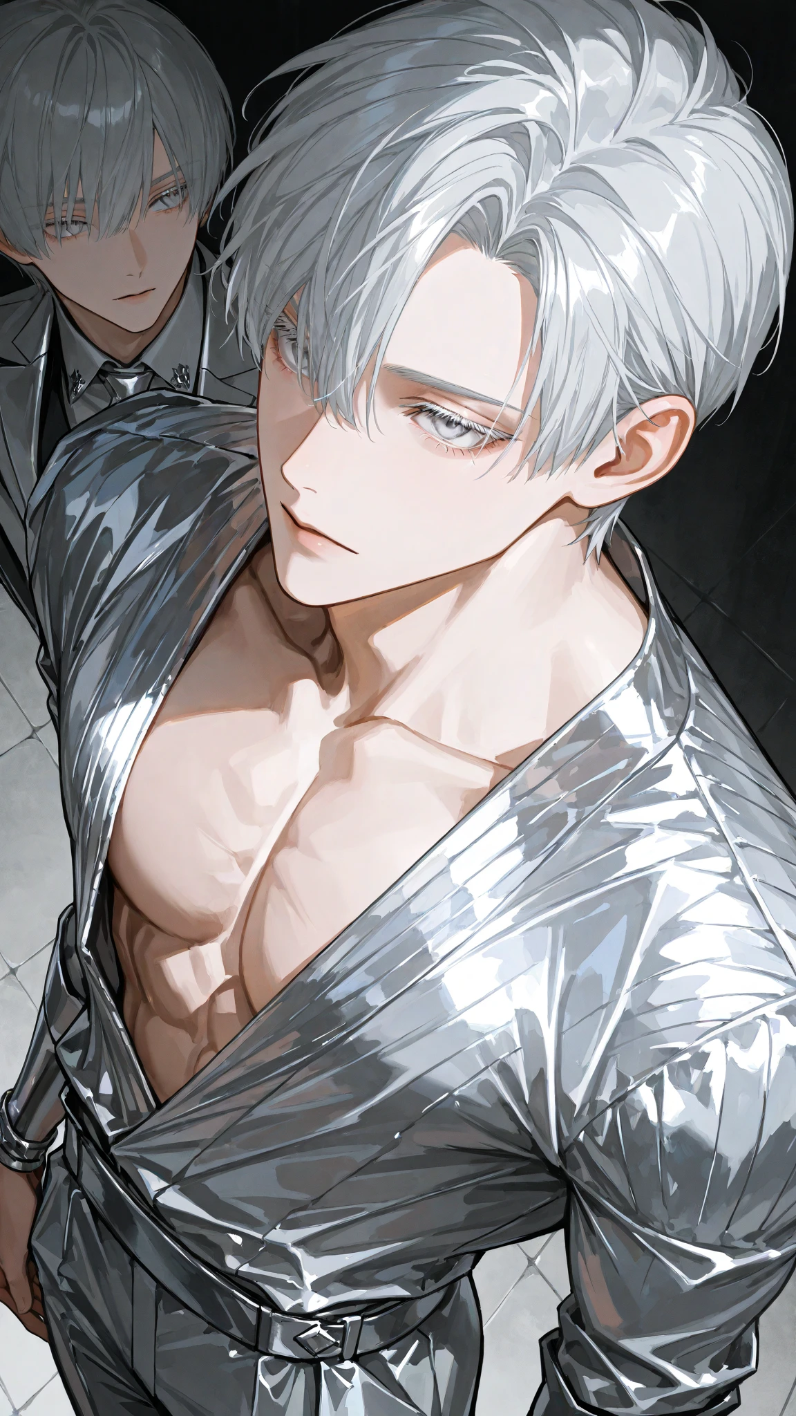 He is topless。
