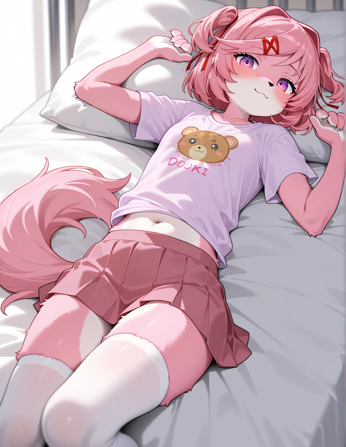 masterpiece, furchan, (furry:1.2), long hair, pink hair, tail, bangs, white shirt, blue skirt, bow, mary janes, (embarrassed:1.1), bedroom <lora:fur_chan v2.5-000002:0.98>
