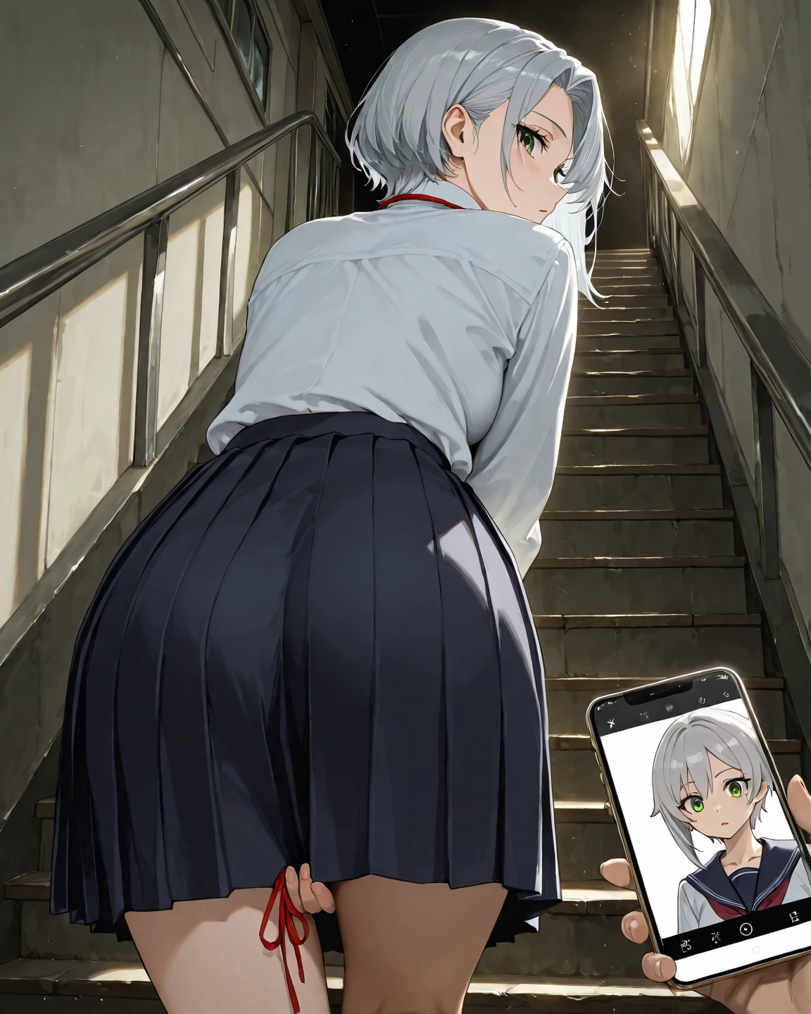 ,chainBREAK perfect anatomy、Highest quality、(High resolution:1.2)、Unbelievably absurd:1.3、Incredible illustrations、(Cute illustrations:1.2)、nsfw,(Beautiful background、Back streets at night)、1gial(Silver Hair、Straight Hair、Bobcut、9 years old female,height 1.2meters, slim 25kg,(flat chest、Dark Skin:1.6,Red Eyes)( Sex preparation:1.2、),(public indecency,netorare(restrained,shackles,chain))、(breathless,trembling),pussy juice:1.2,How(anal,Sex),How in ass,(1fat boy),penis ,(school uniform,White Silk Sexy Lingerie、garter belt)(mirror,smartphone,cinematic angle)