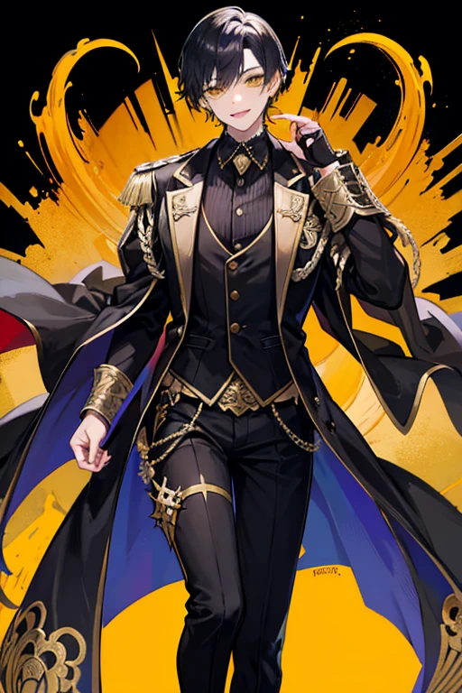 (Mastepiece), (Best Quality), Very detailed, ((1 boy)), Perfect Face, Beautiful Face, Very detailedな顔，((Yellow Hair_short hair_Yellow Eyes:1.3))，Full body photography、Male solo idol、Gorgeous idol costumes、Cape、boots、(pants:1.2)、(Hold the microphone)、stage、Concert Dome、Lots of confetti、(smile:1.4)、(Open your mouth wide)、sing、dance、Wink、Laser light、Spotlight