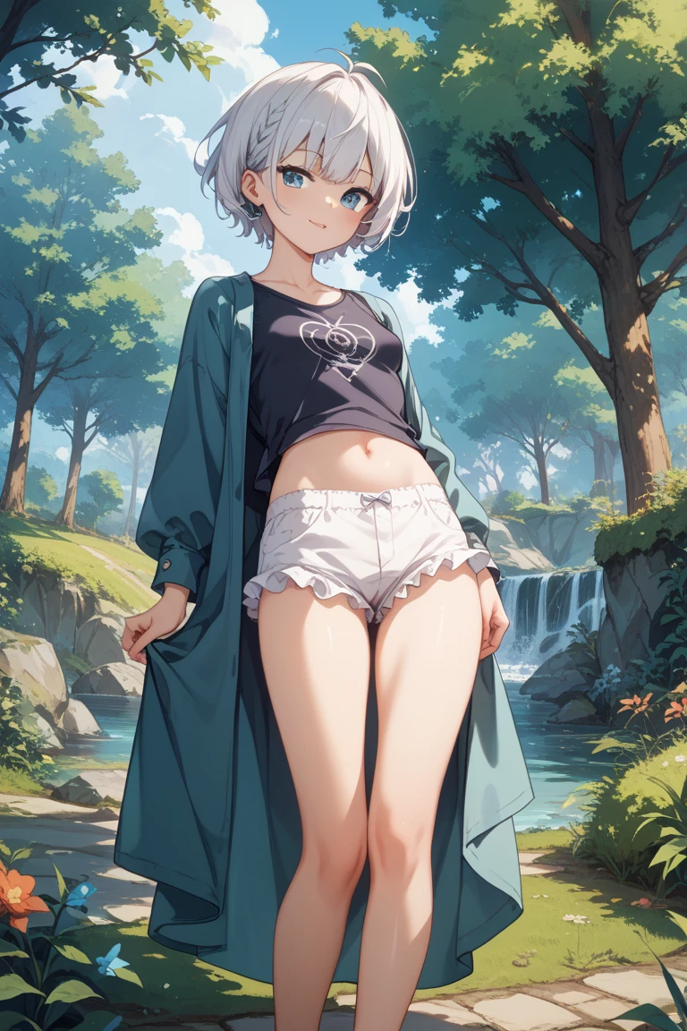 A very small fairy, boy, with short gray hair, freckles, glasses flies next to A human home